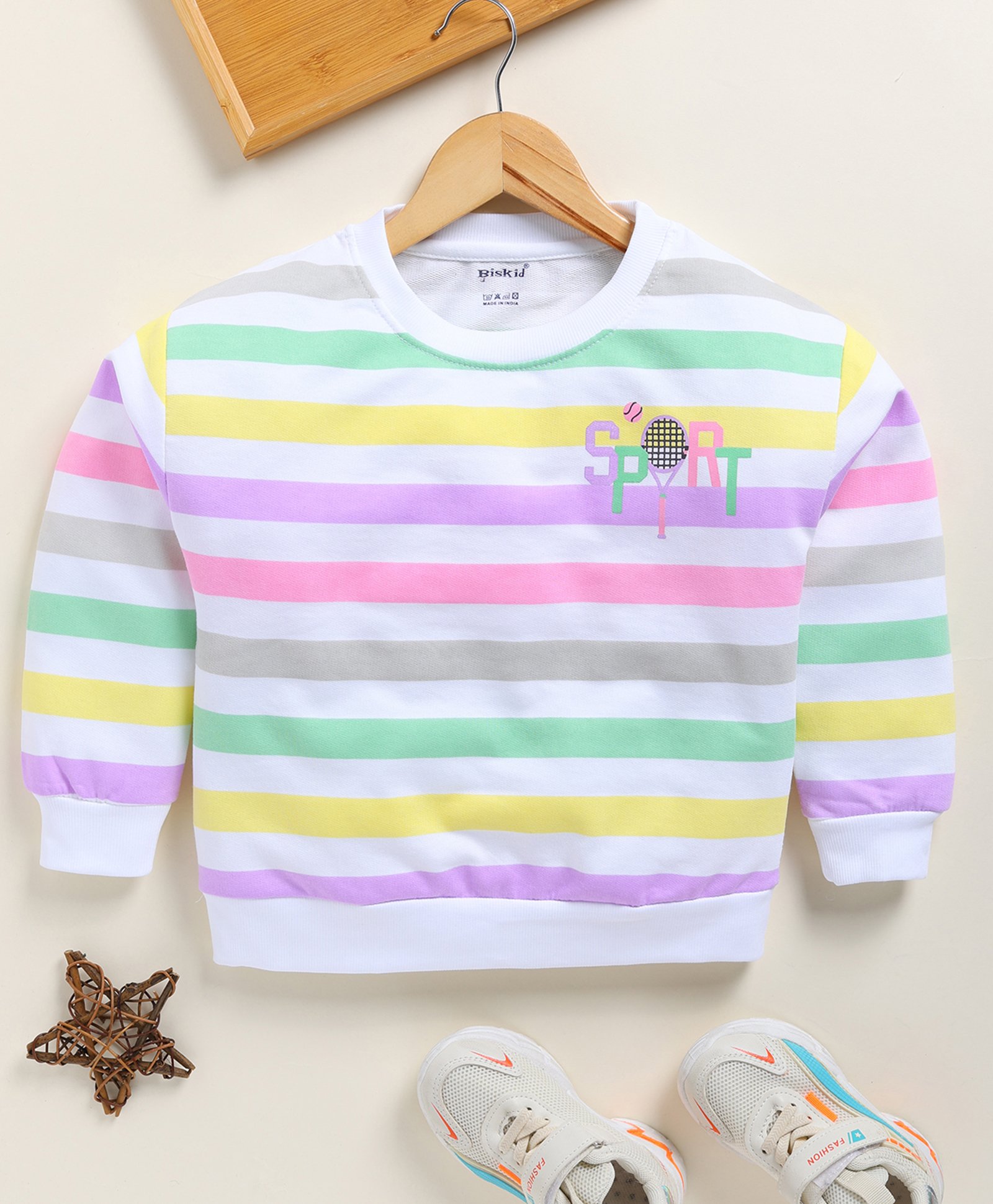 Biskid Cotton Full Sleeves Striped & Sport Text Printed Sweatshirt - Pink & Multi Colour-image-39