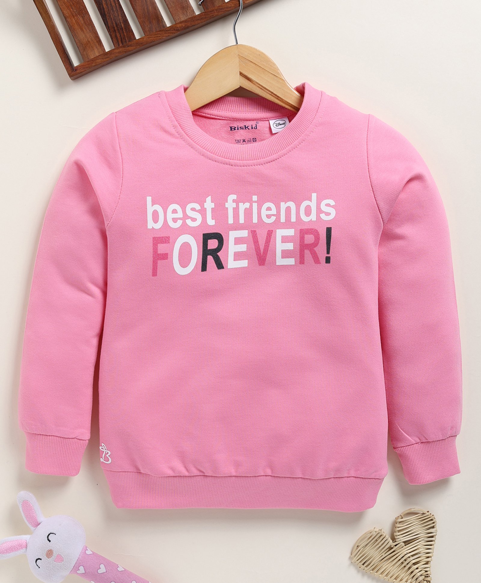 Biskid Cotton Full Sleeves Best Friends Forever Text Printed Sweatshirt - Pink-image-21