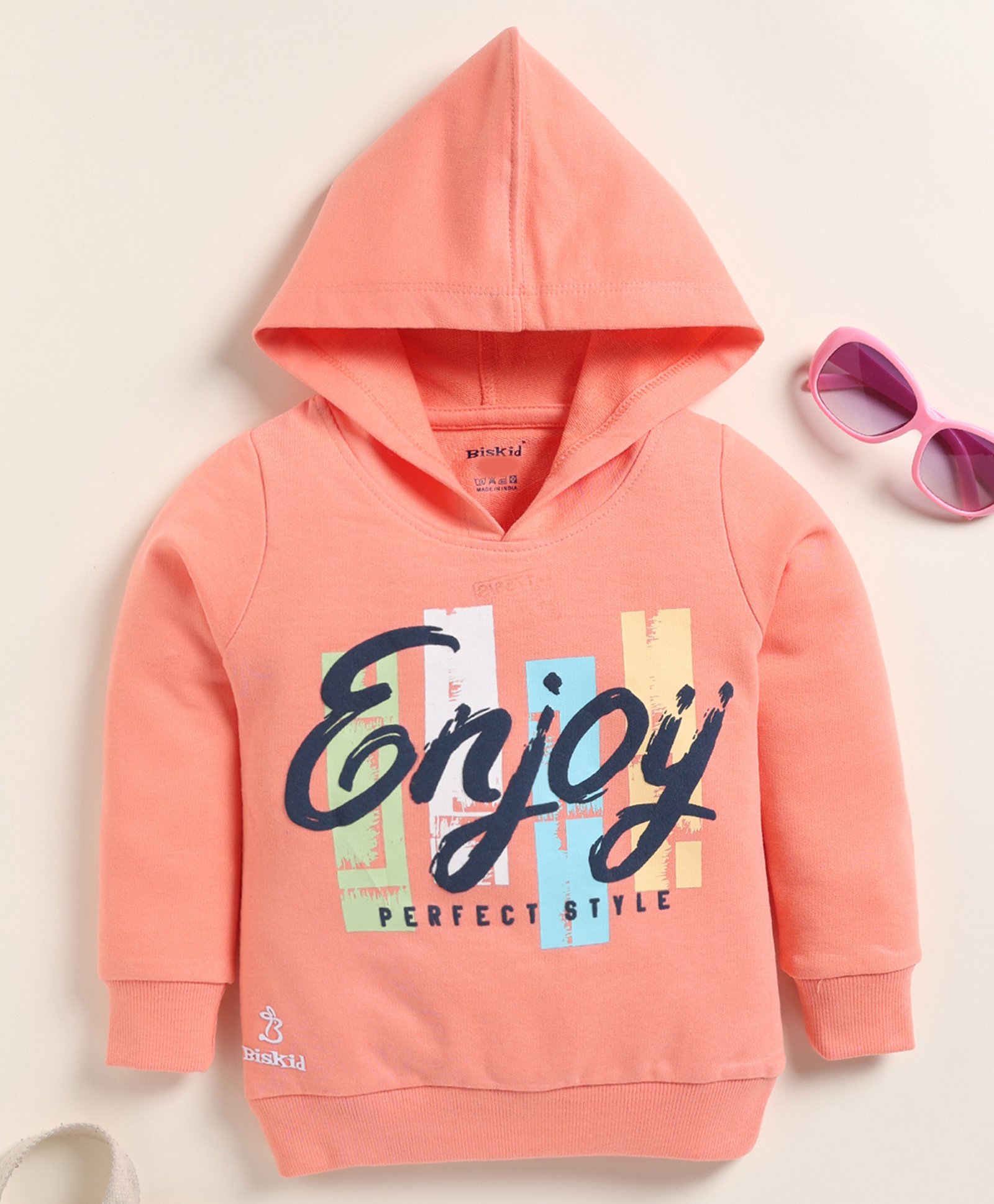 Biskid Cotton Full Sleeves Enjoy Text Printed Hooded Sweatshirt - Peach-picture-12