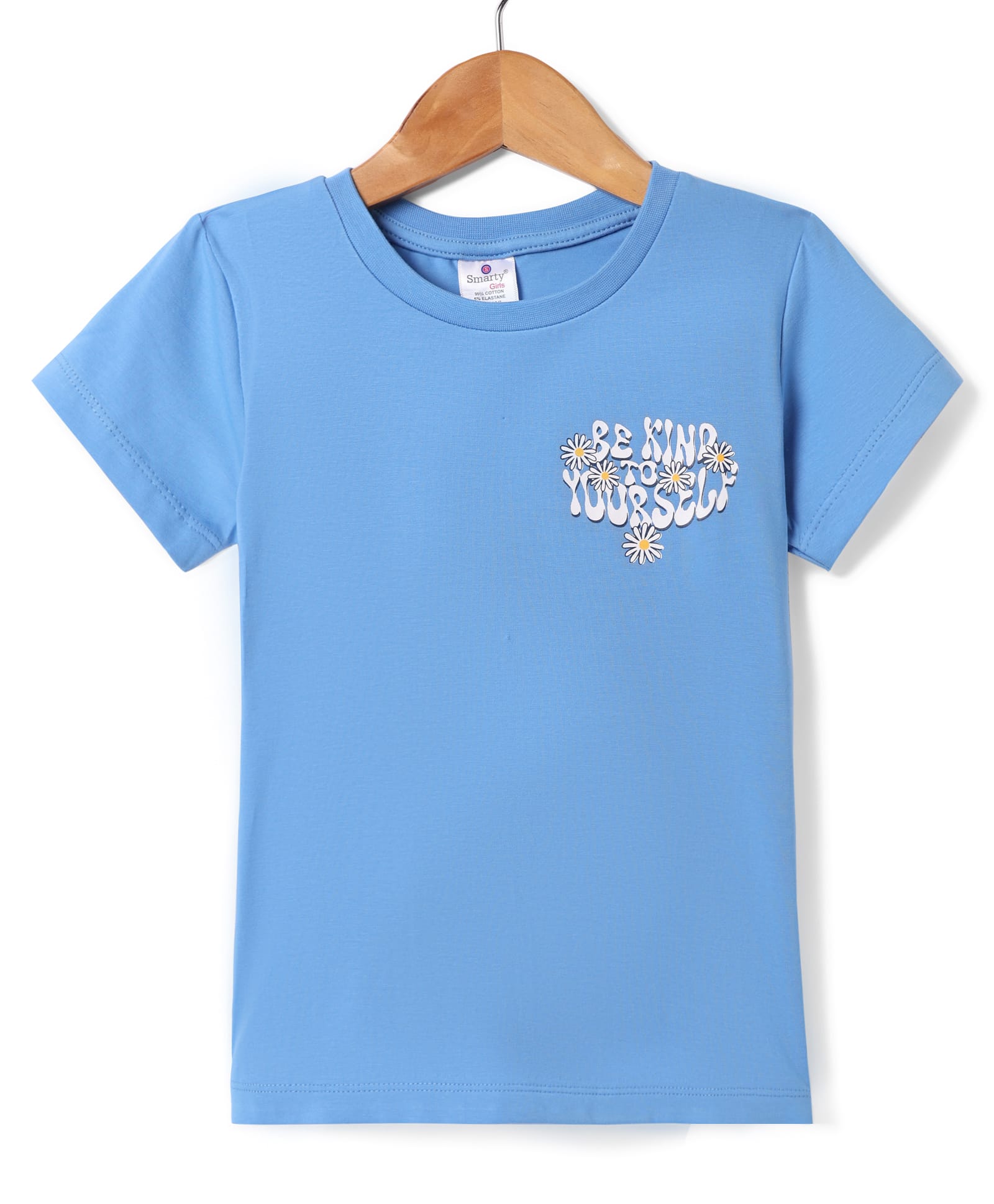 Smarty Girls Cotton Knit Half Sleeves Top with Floral & Love More Worry Less Text Print - Blue-image-36
