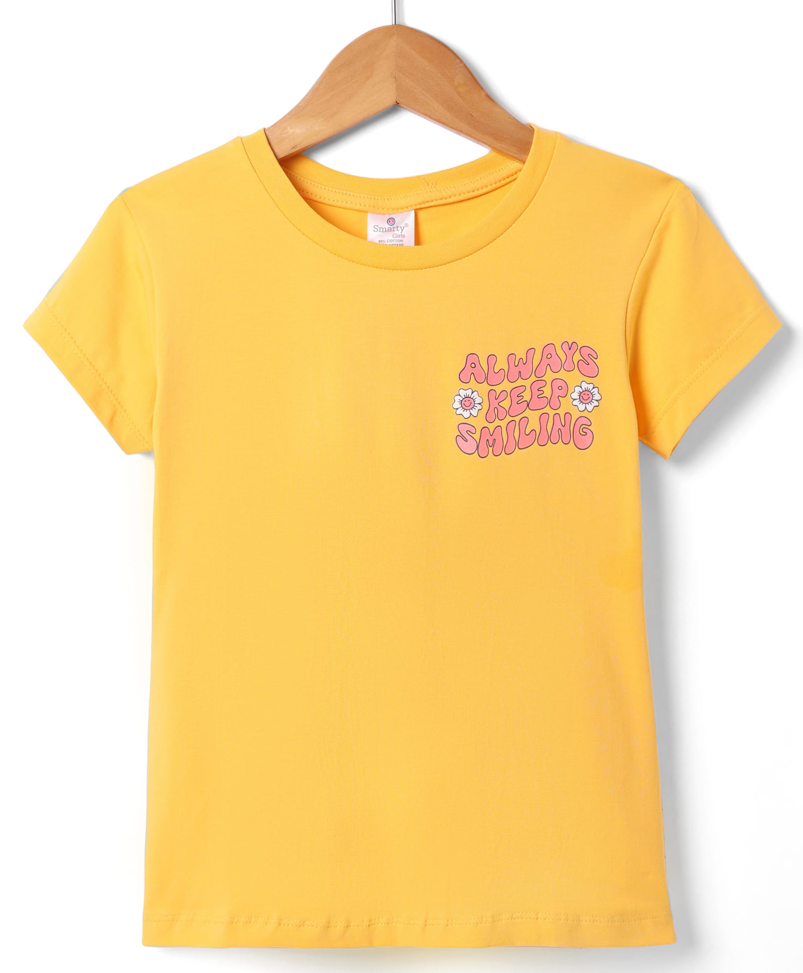 Smarty Girls Cotton Knit Half Sleeves Top with Floral & Always Keep Smiling Text Print -Yellow-picture-11