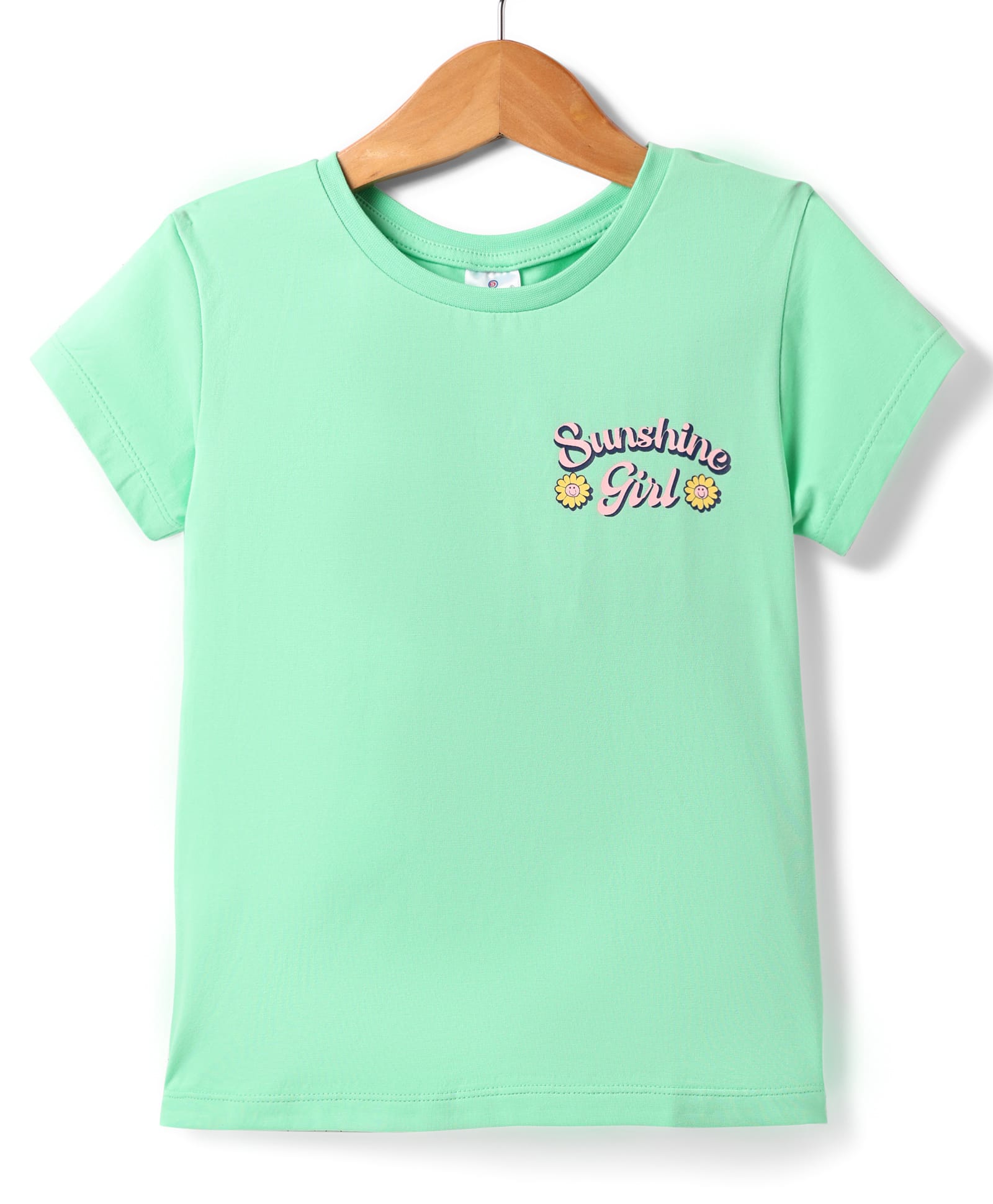 Smarty Girls Cotton Knit Half Sleeves Top with Floral & Sunshine Girl Text Print - Light Green-image-5