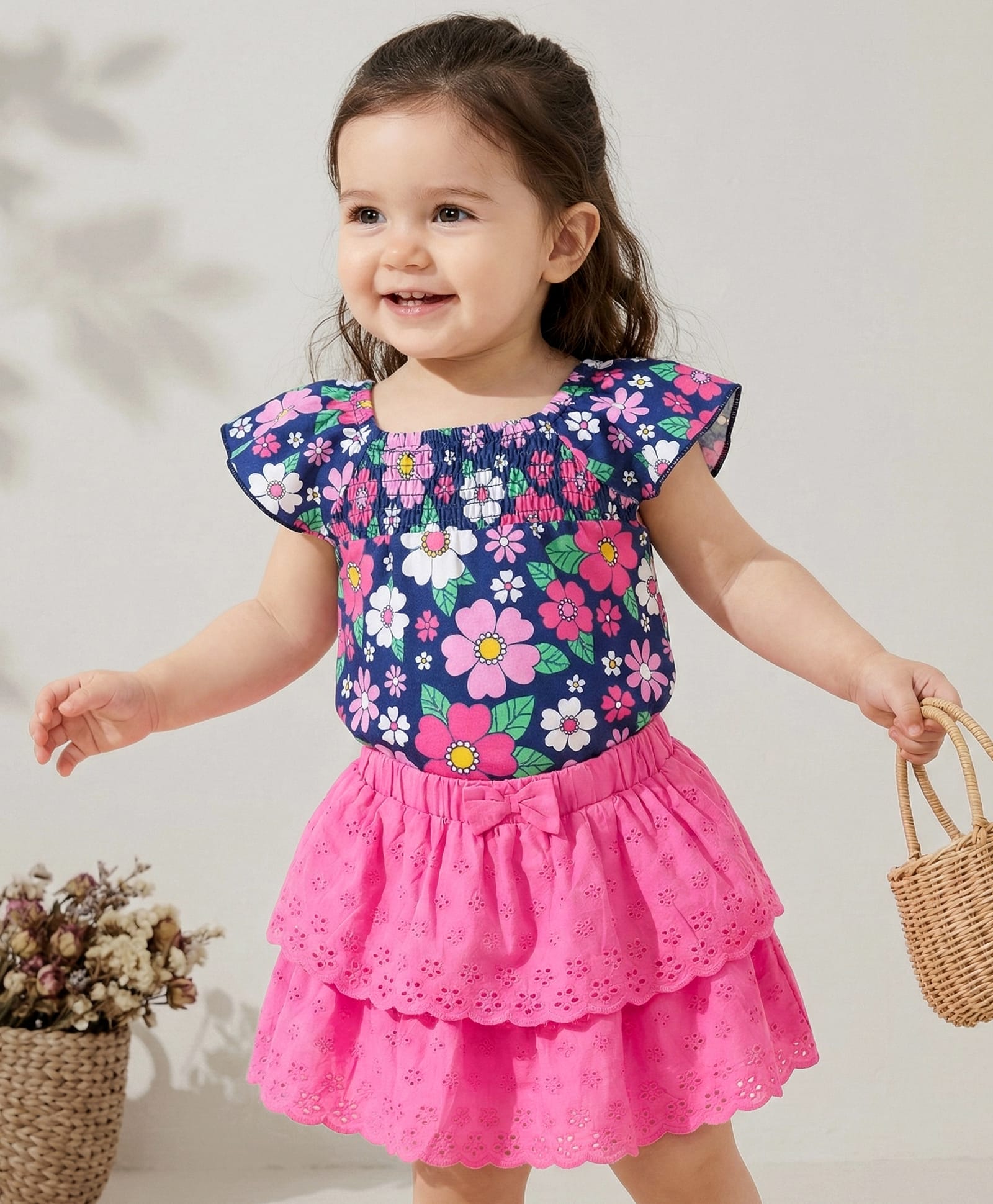 Babyhug Single Jersey Knit Half Sleeves Top & Schiffli Skirt Set With Floral Print - Navy Blue & Pink-image-42