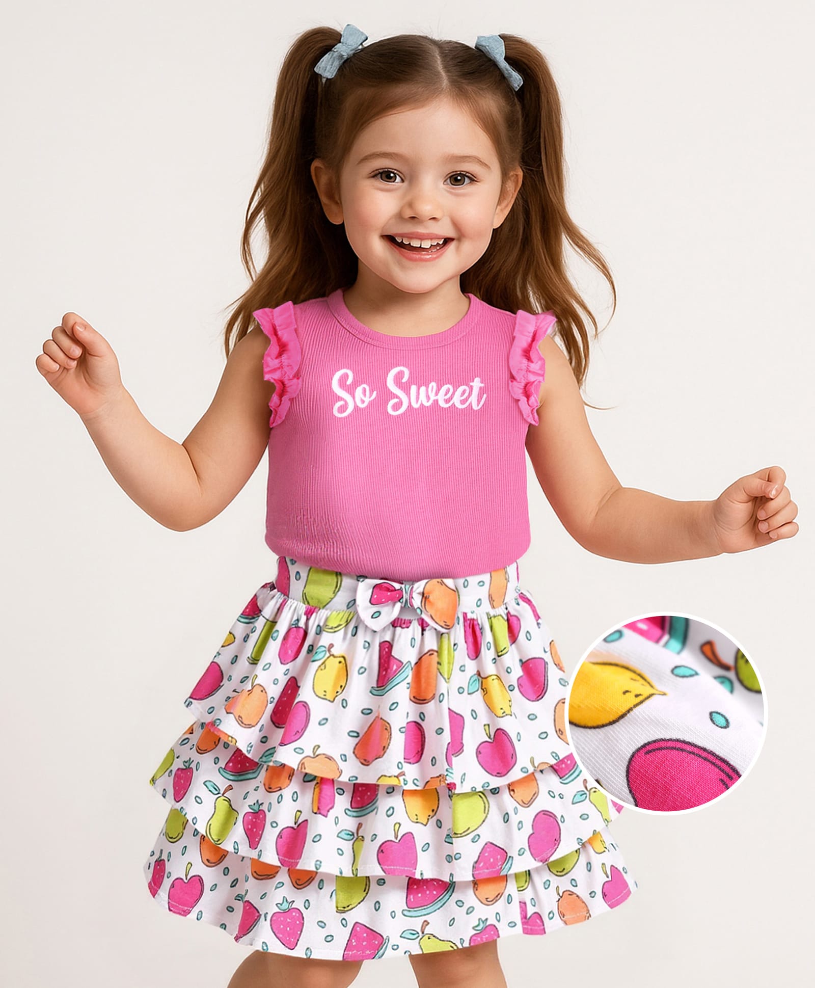 Babyhug Single Jersey Knit Sleeveless T-Shirt & Skirt Set with Tropical & Text Print - Pink & White-picture-11