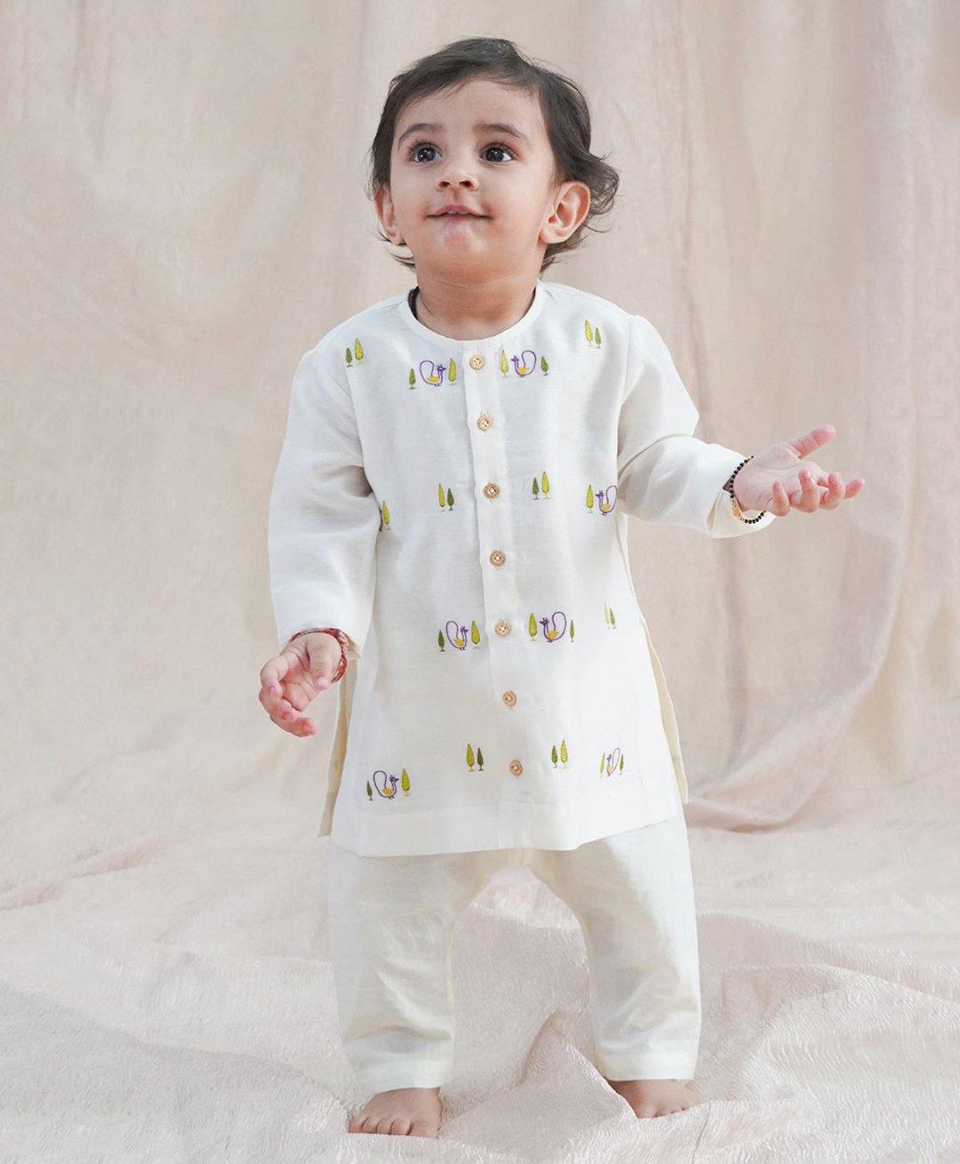 Tiber Taber 100% Chanderi Cotton Full Sleeves Peacock Embroidered Kurta With Pyjama Set - Cream-picture-35