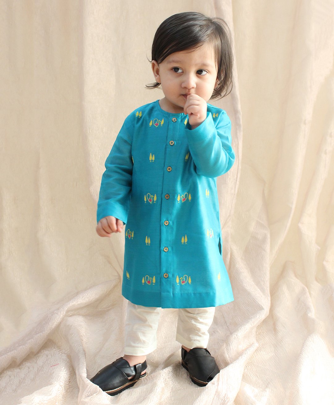 Tiber Taber 100% Chanderi Cotton Full Sleeves Peacock Embroidered Kurta With Pyjama Set - Blue-image-30
