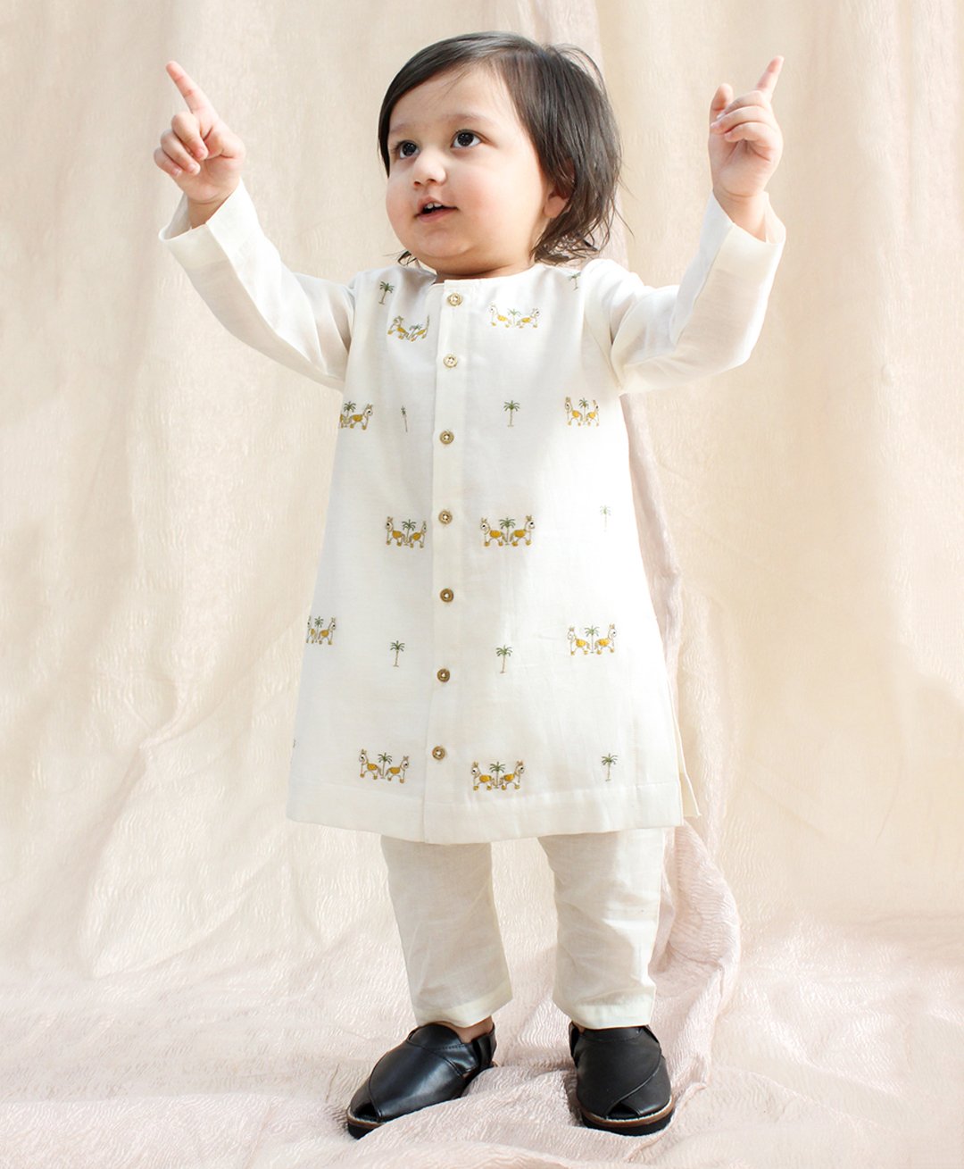 Tiber Taber 100% Chanderi Cotton Full Sleeves Peacock Embroidered Kurta With Pyjama Set - Cream-picture-36