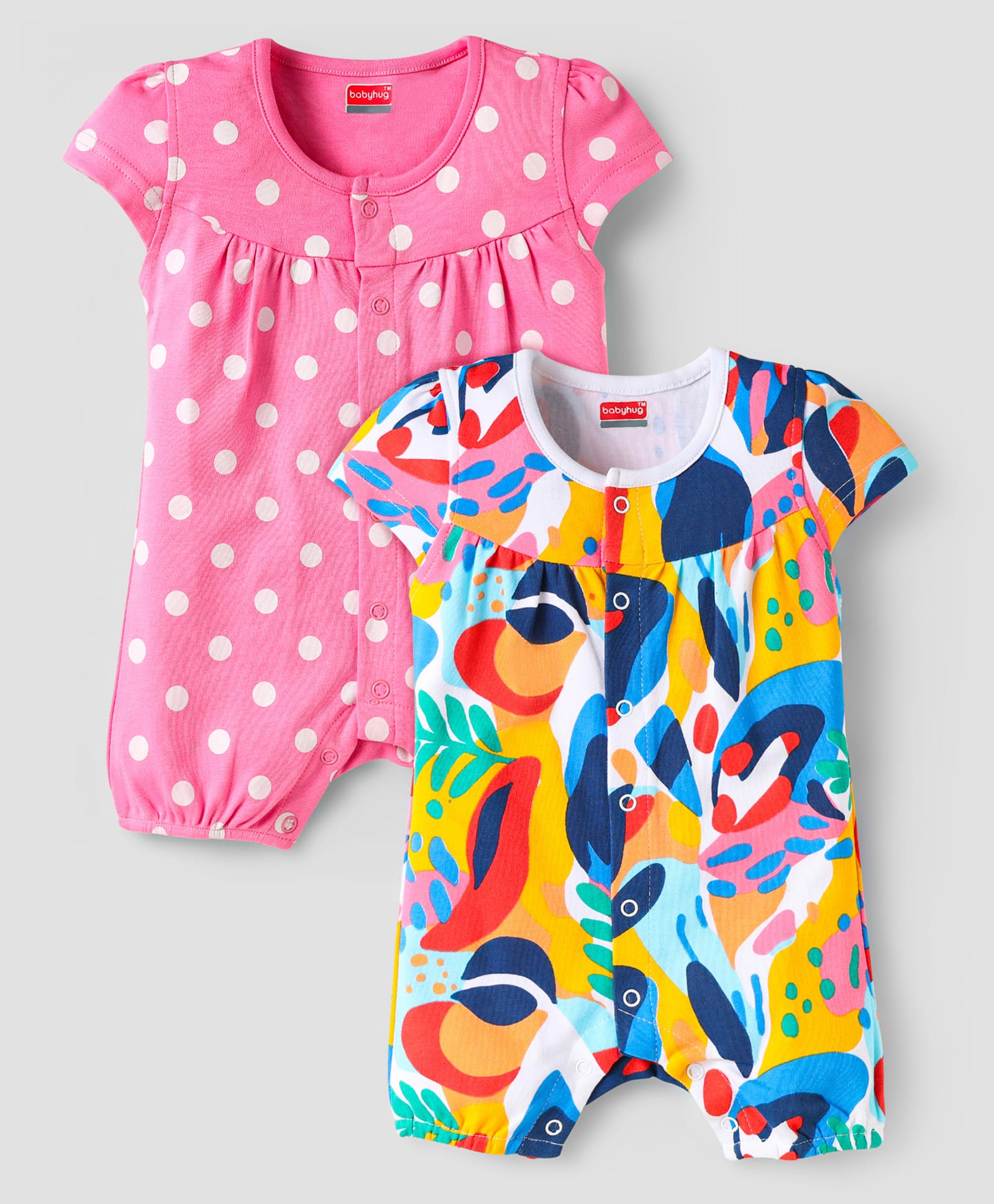 Babyhug Interlock Knit Half Sleeves Romper with Polka Dot & Abstract PrintPack of 2 - Pink & Blue-image-14