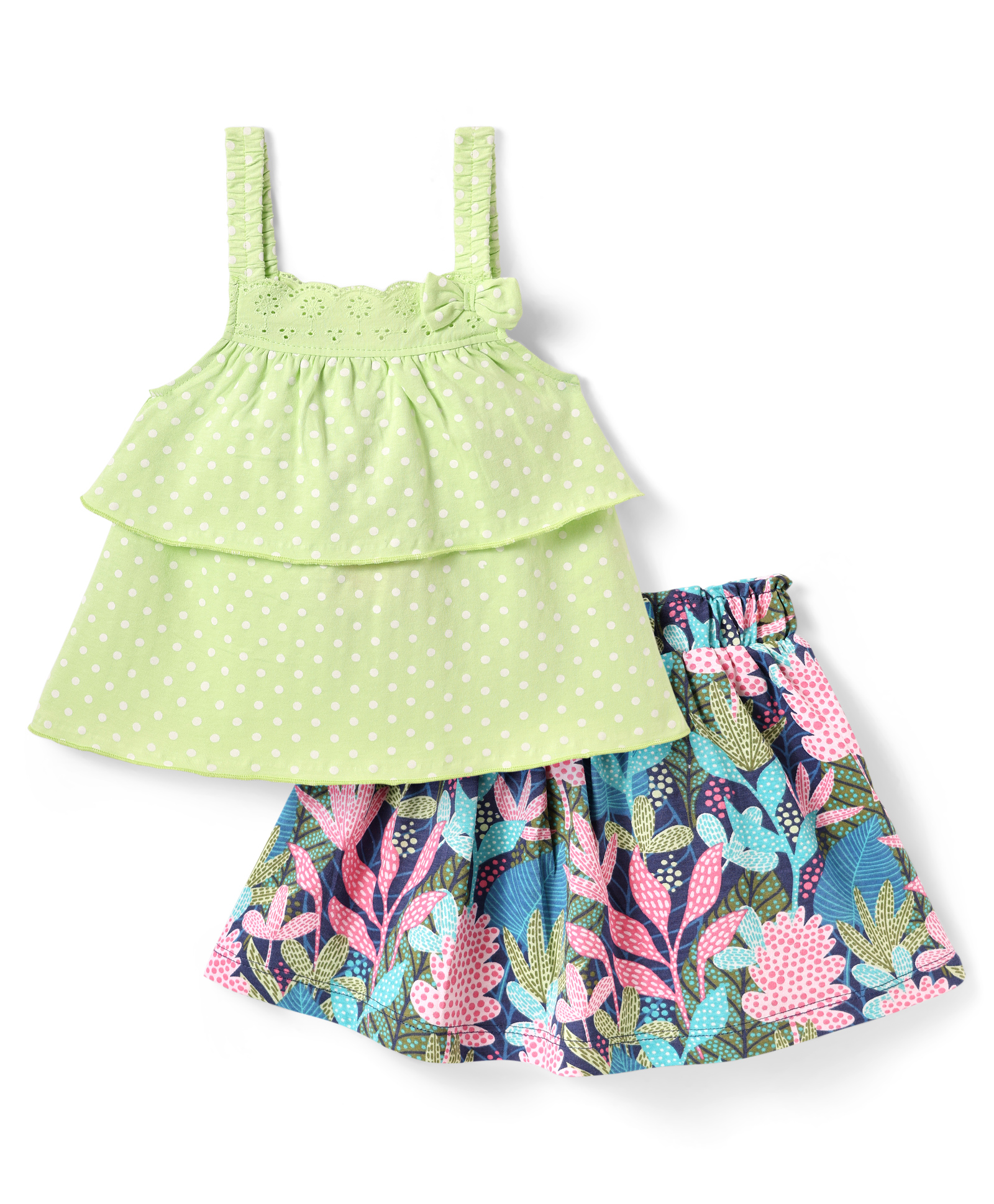 Babyhug Schiffili Knit SleevelessTop & Skirt Set Polka Dots & Floral Print with Bow Applique - Green Blue & Pink