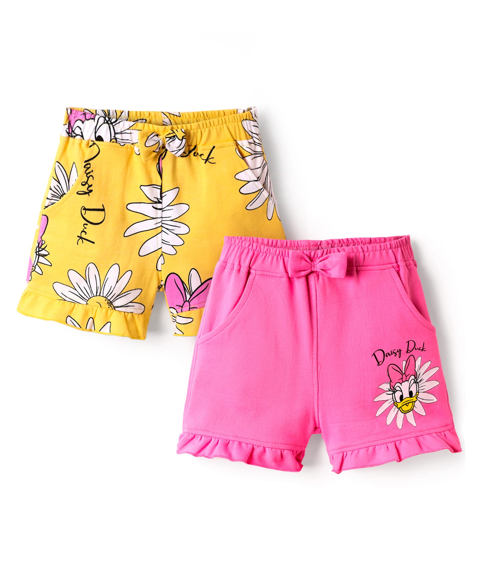 Babyhug Disney Terry Knit Knee Length Shorts With Minnie Mouse Family Graphics & Frill Detailing Pack of 2 - Pink & Yellow-picture-20