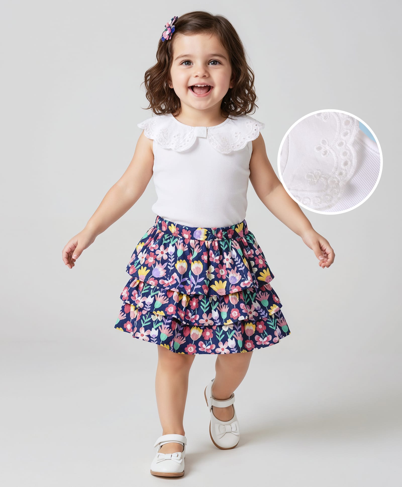 Babyhug Single Jersey Knit Sleeveless Schiffli Peter Pan Collar Top & Skirt Set With Floral Print & Bow Applique - White & Navy Blue-image-29