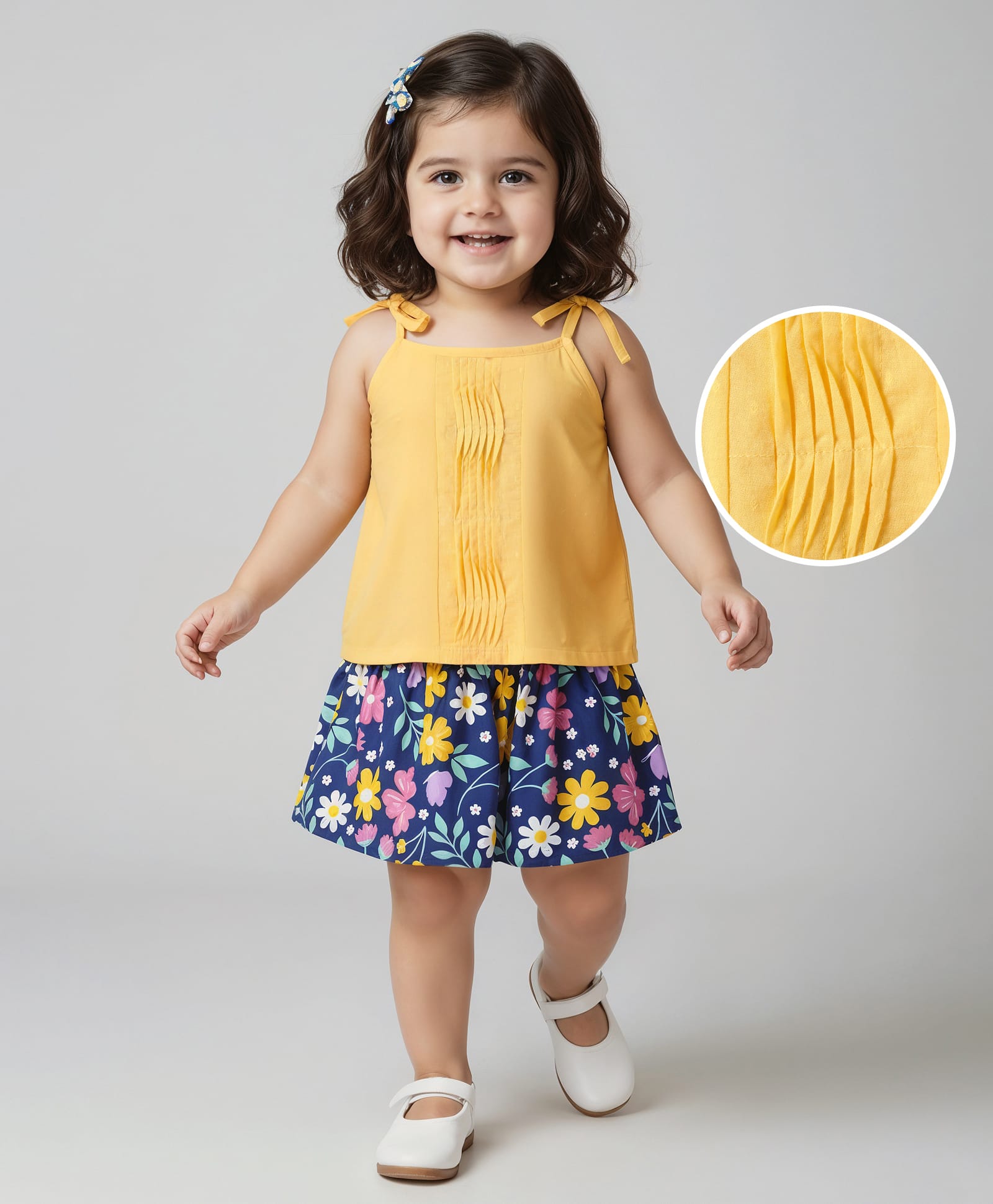 Babyhug Single Jersey Knit Sleeveless Top & Skirt Set With Floral Print - Yellow & Navy Blue-image-36