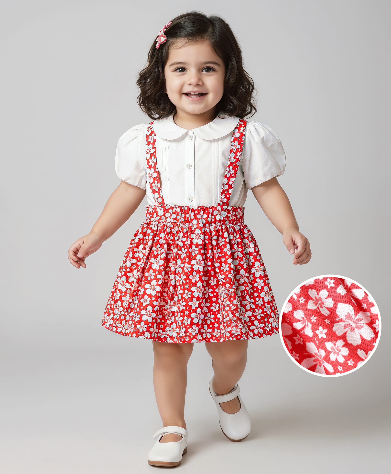 Babyhug Single Jersey Knit Half Puffed Sleeves Top & Skirt Set With Floral Print - White & Red-picture-20