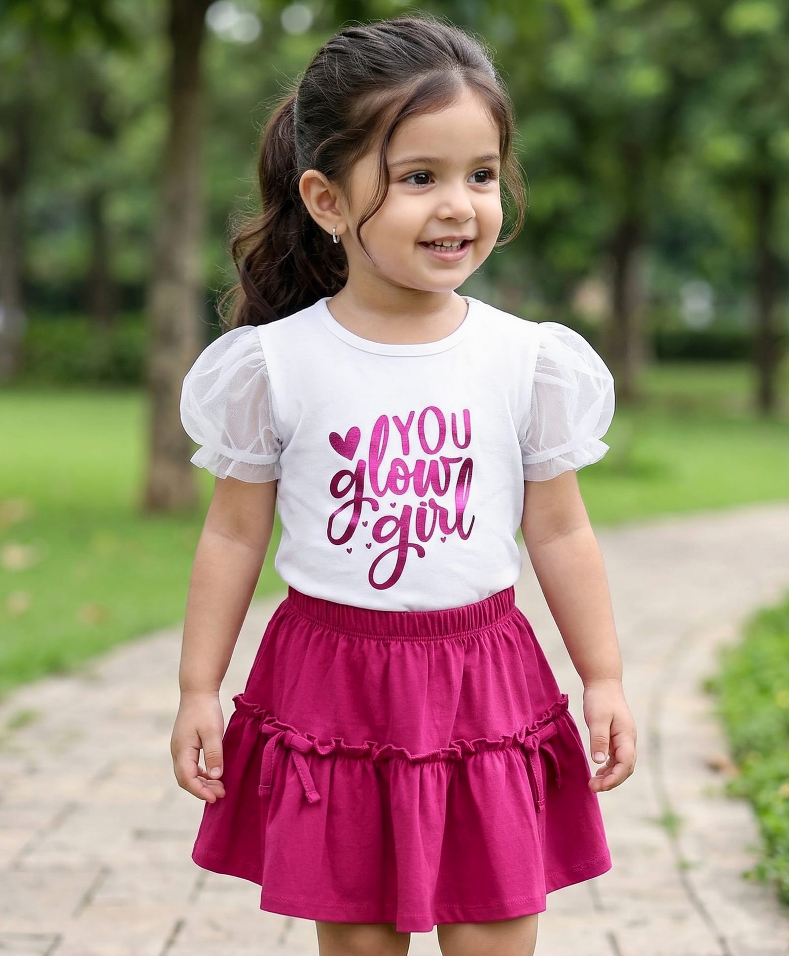 Babyhug Single Jersey Knit Half Puffed Sleeves Top & Skirt Set with Text Print - White & Pink-image-38