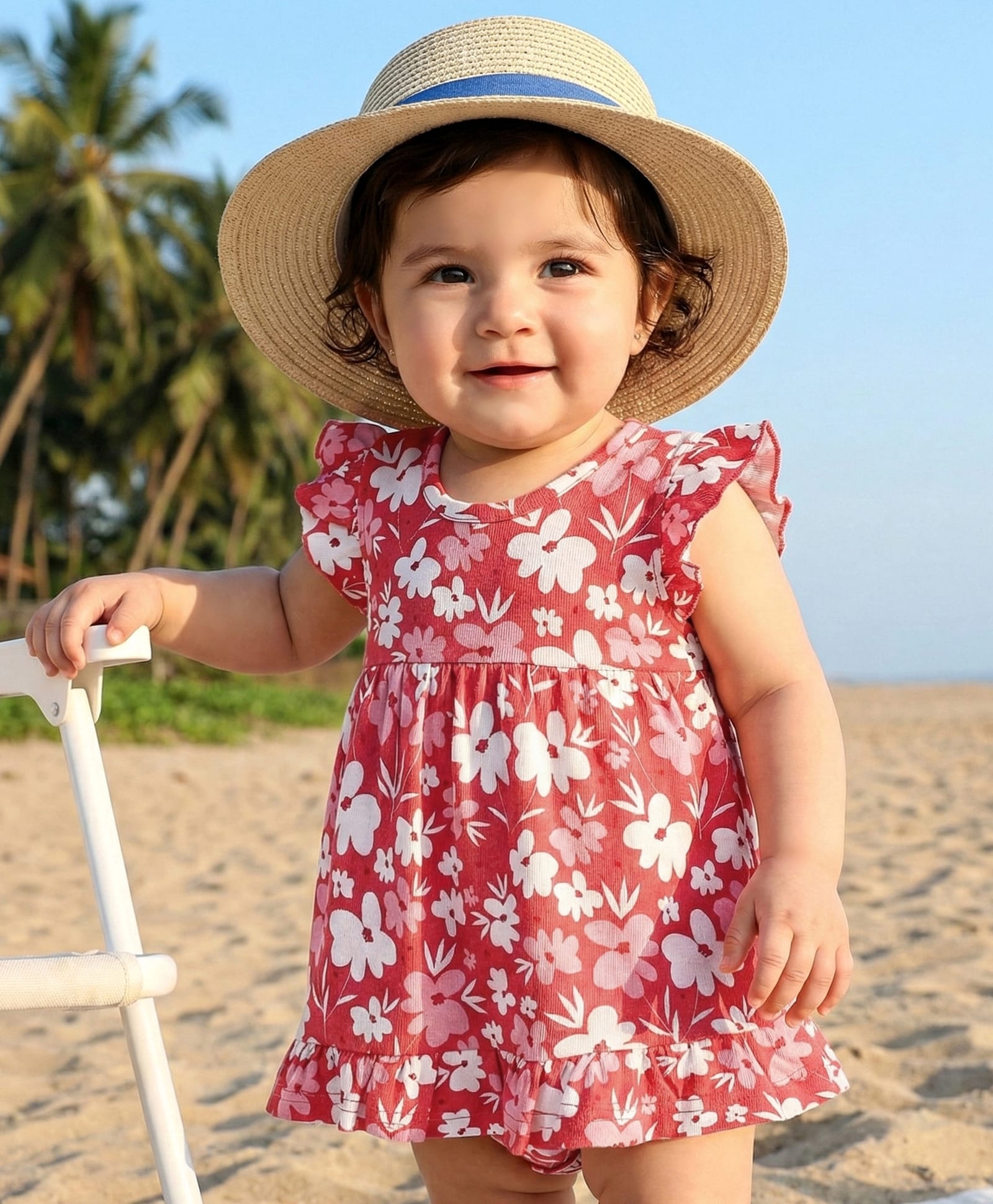 Babyhug 100% Cotton Knit Frill Sleeves Frock Style Onesie with Floral Print - Red-image-41