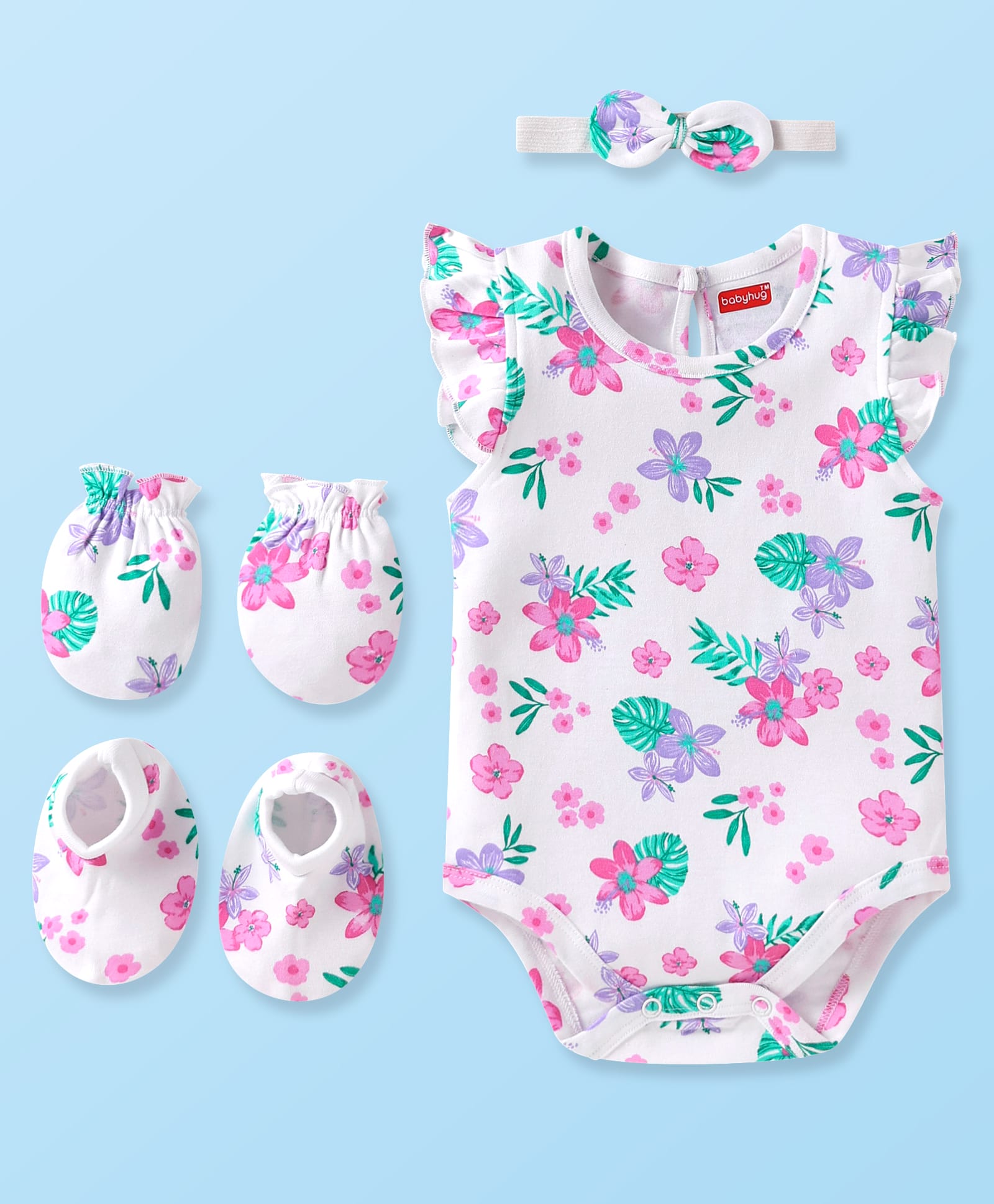 Babyhug 100% Cotton Knit Half Sleeves Floral Printed Onesie with Hairband & Mittens Booties - White