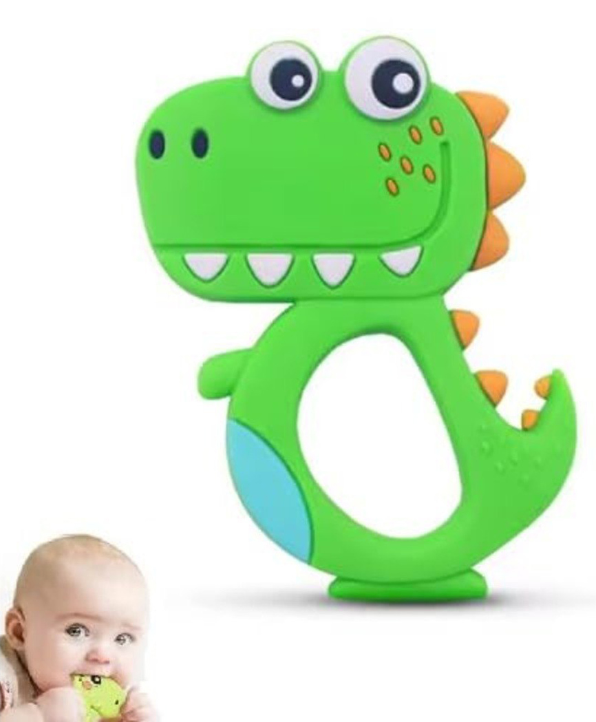 Tony Stark Cute Dinosaur Silicone Baby Teether for Teething Gums, Teether for 3+ Months Baby, Helps Biting Skills Development, Colour & Shape Recognition, Food Grade Silicone, Teething Toy for Infants, Babies, and Toddlers (Green)-image-8