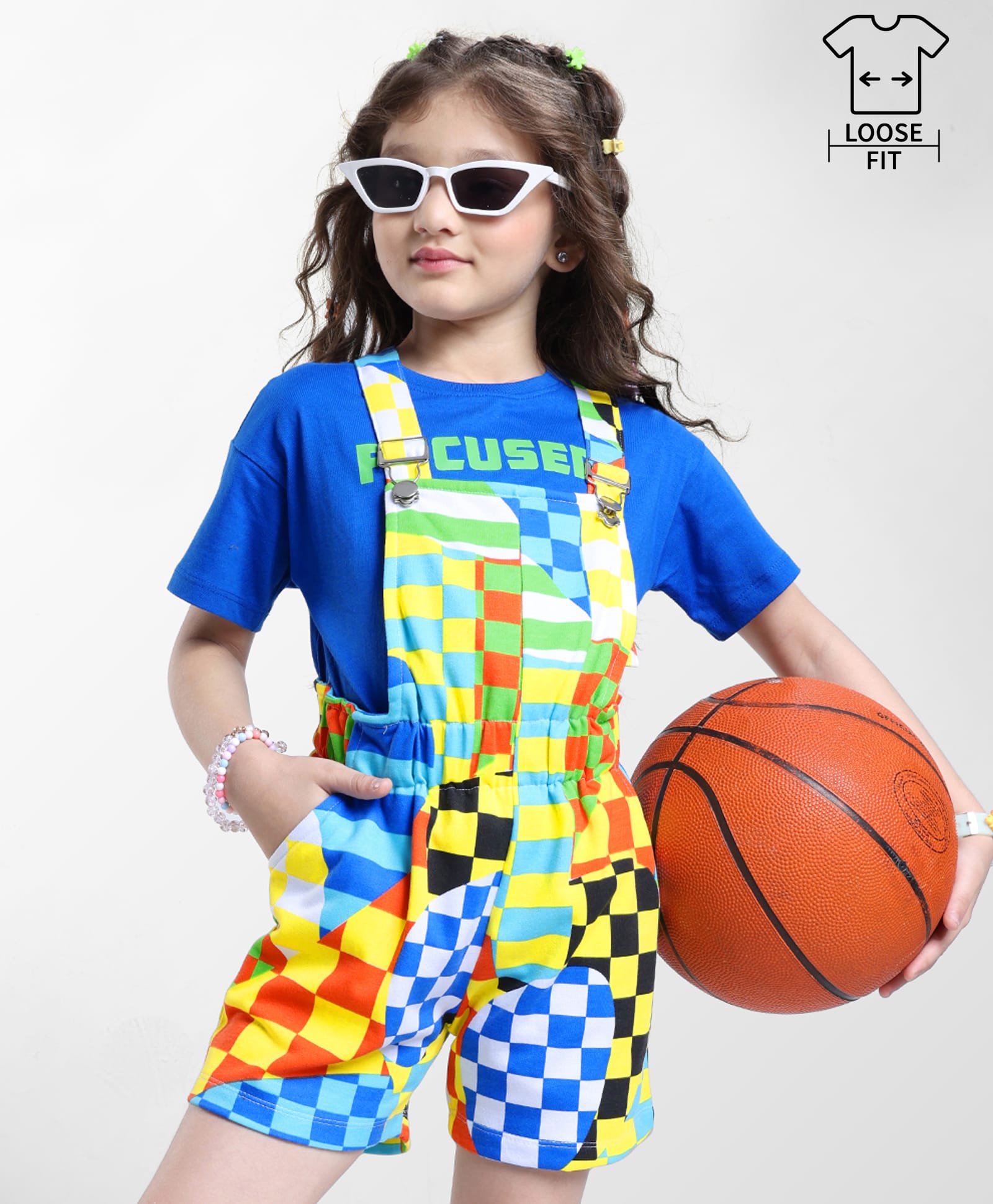 OLLINGTON ST. 100% Cotton Knit Half Sleeves Dungaree & T-Shirt with Checks Print & Text Print -Blue & Yellow-picture-18
