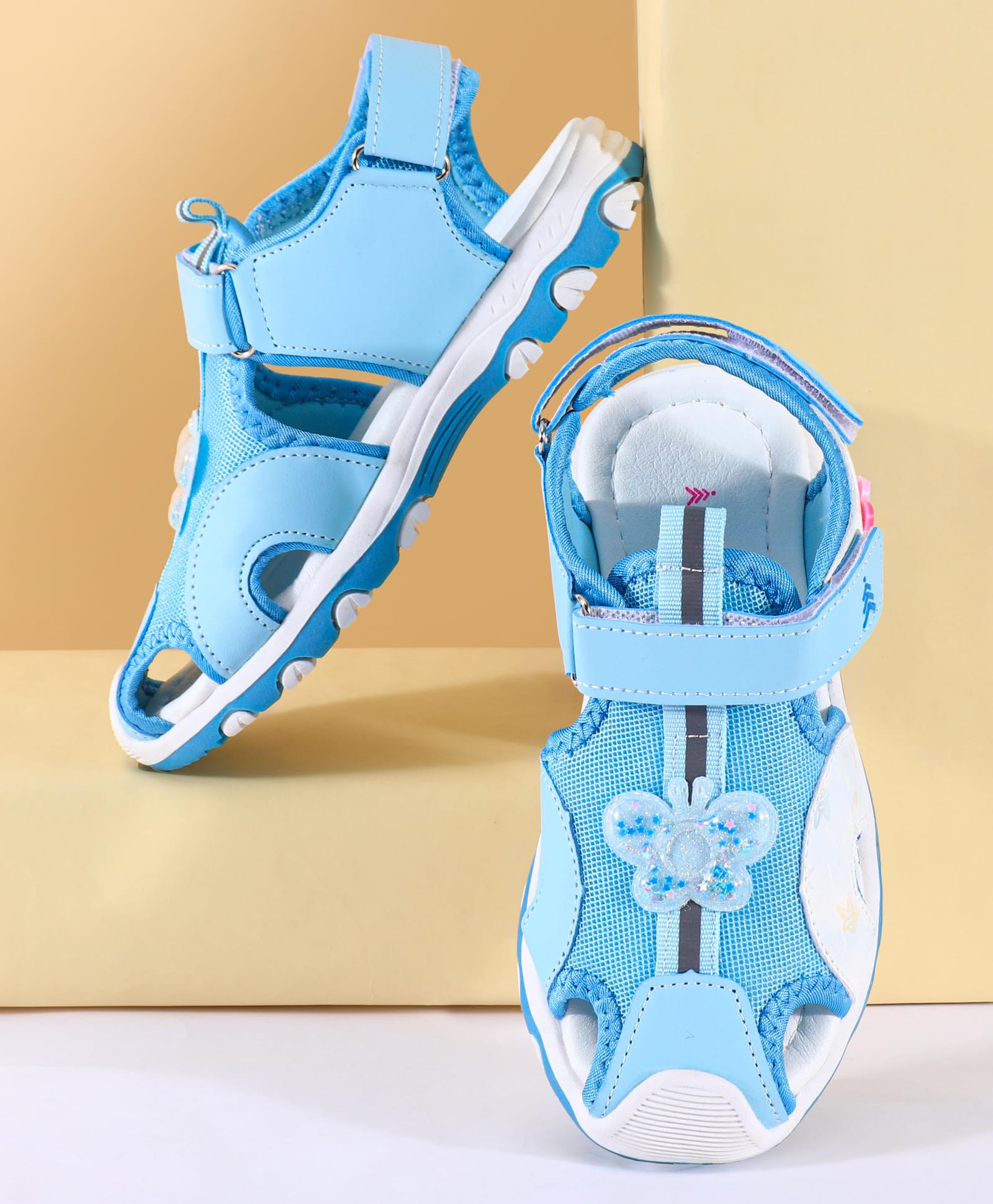 Pine Kids Sandals with Velcro Closure & Butterfly Applique - Light Blue-picture-22