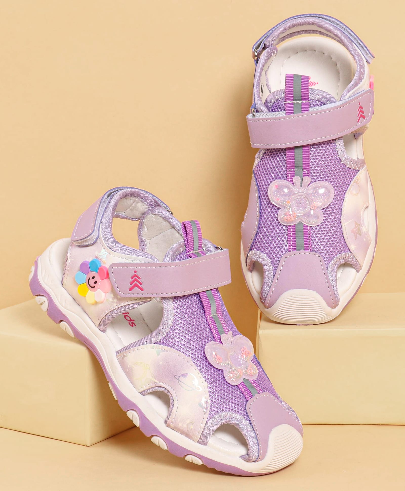 Pine Kids Sandals with Velcro Closure & Butterfly Applique - Purple-image-27