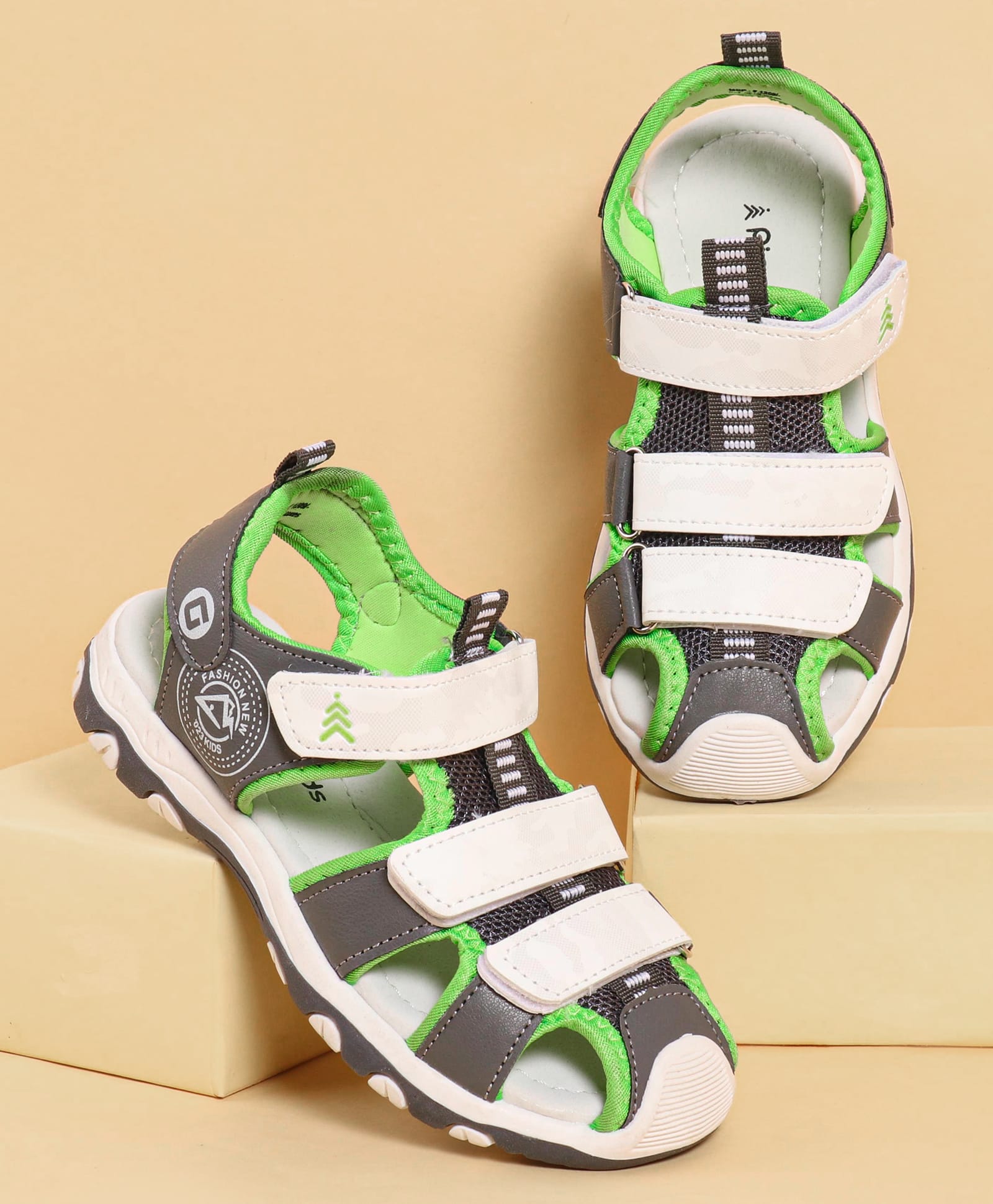 Pine Kids Sandals with Velcro Closure & Colour Block Design - Grey
