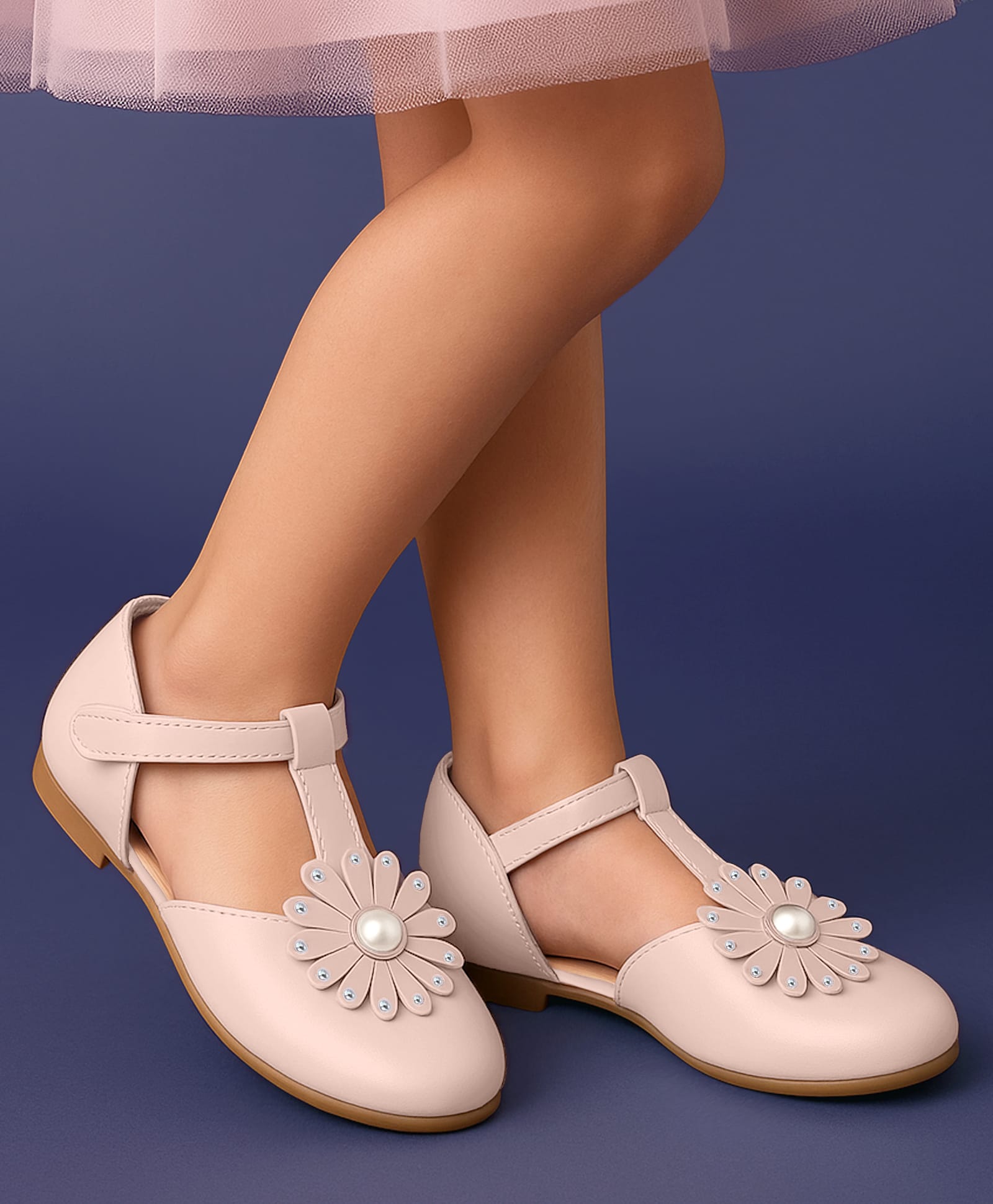 Pine Kids Velcro Closure Solid Coloured Ballerina With Floral Applique - Pink