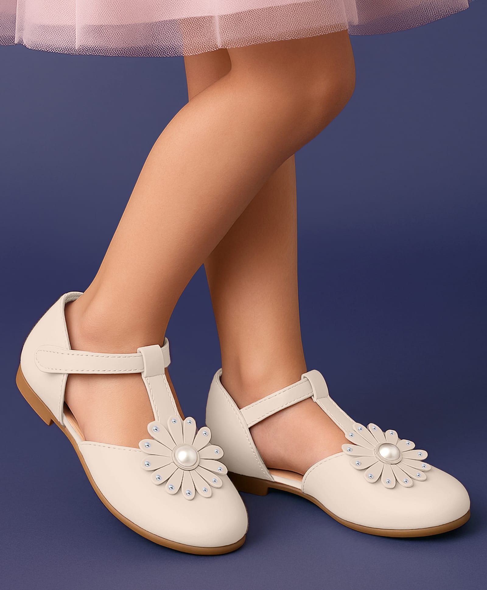 Pine Kids Velcro Closure Solid Coloured Ballerina With Floral Applique - Beige-picture-18