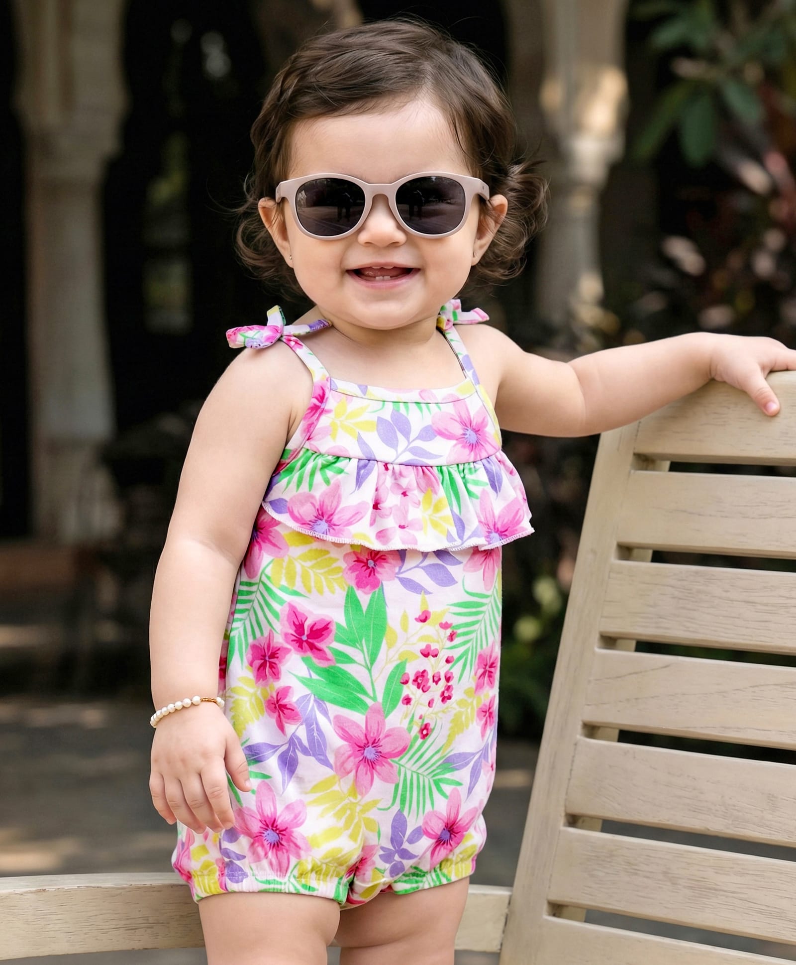 Babyhug 100% Cotton Knit Sleeveless Romper with Floral Print - White-image-17