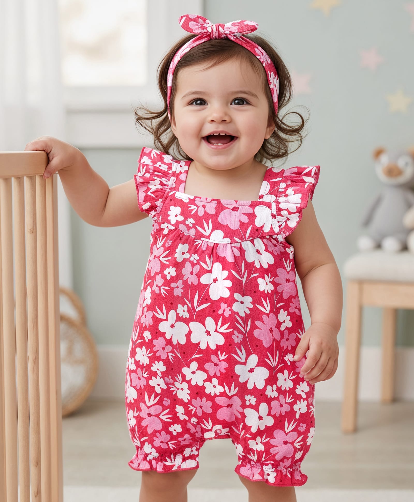 Babyhug 100% Cotton Knit Frill Sleeves Romper with Floral Print & Headband - Red