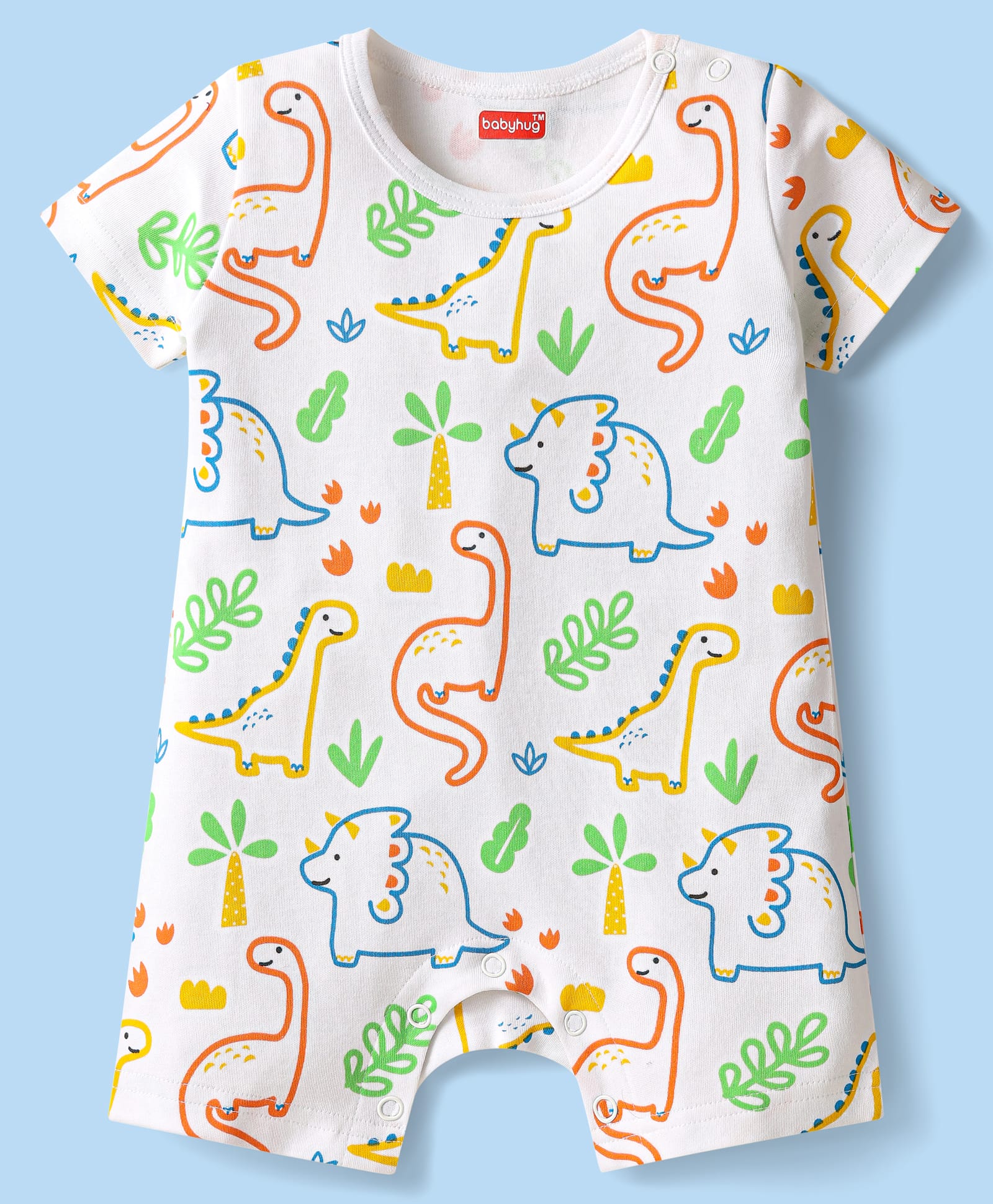 Babyhug 100% Cotton Knit Half Sleeves Dino Printed Romper - White-image-20