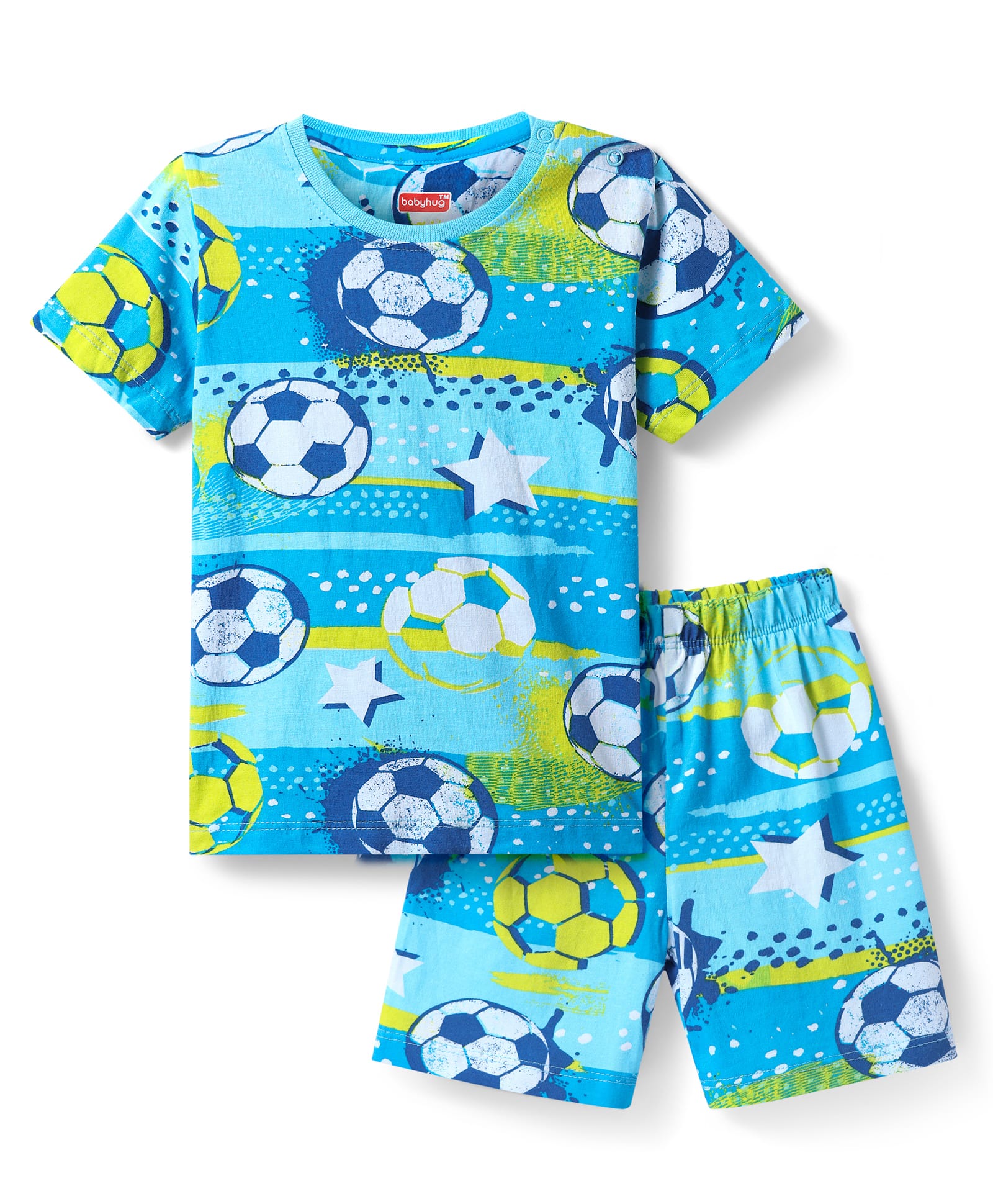 Babyhug Cotton Knit Half Sleeves Shorts Co-ord Nightsuit with Football - Blue-image-40