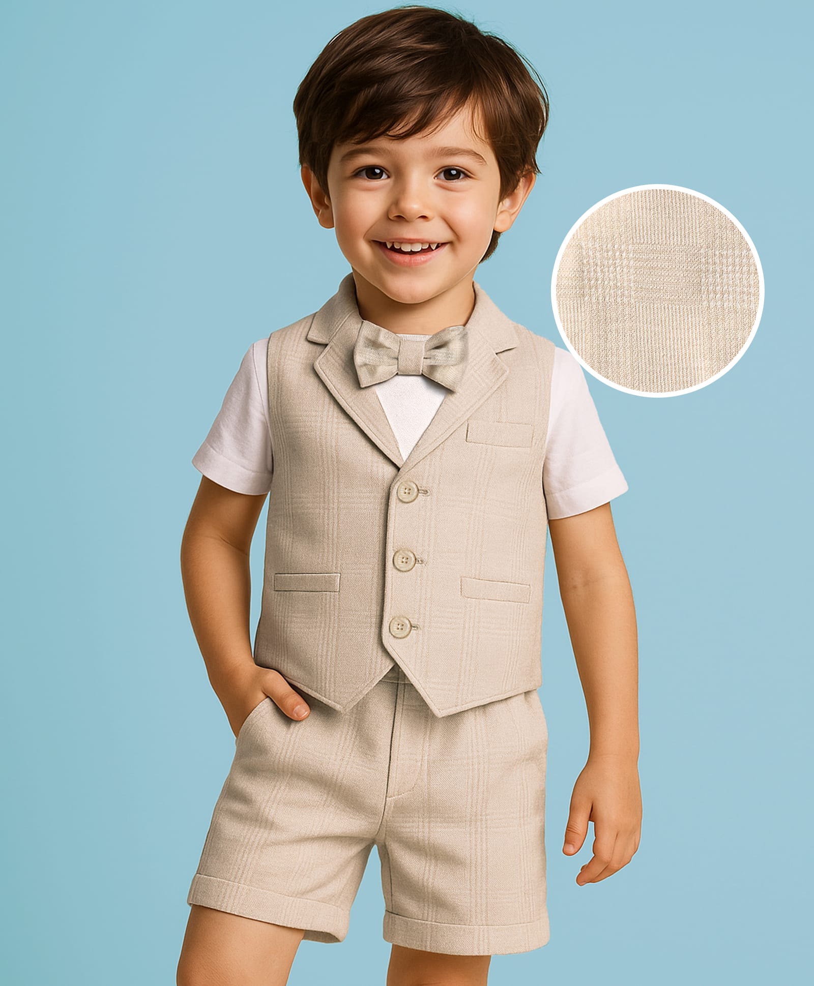 Mark & Mia Cotton Woven Half Sleeves T-Shirt With Attached Bow Textured Waist Coat & Shorts with Checks Design - Cream & White-image-40