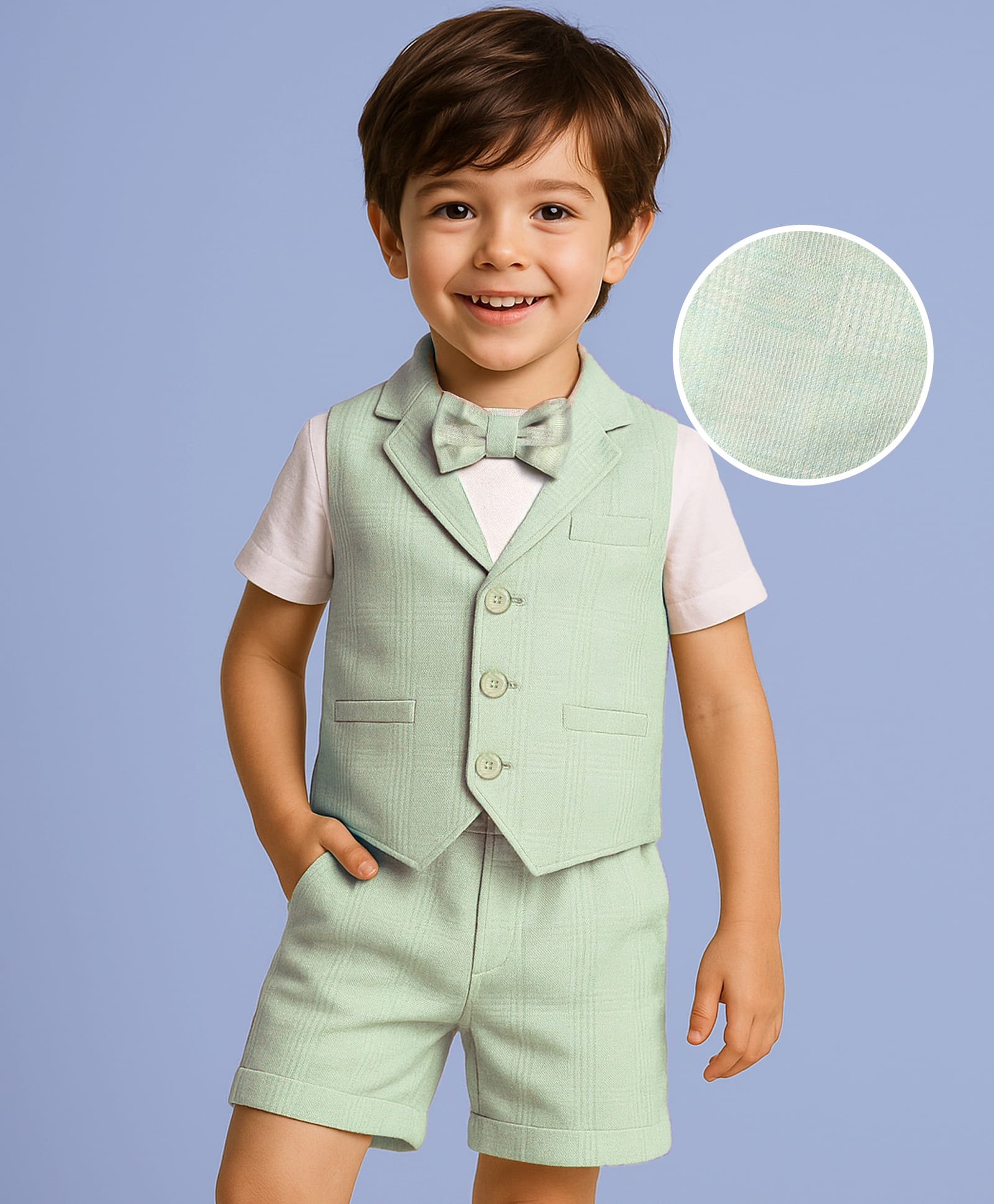 Mark & Mia Cotton Woven Half Sleeves T-Shirt With Attached Bow Checks Waist Coat & Shorts with Text Design - Light Green & White-picture-37