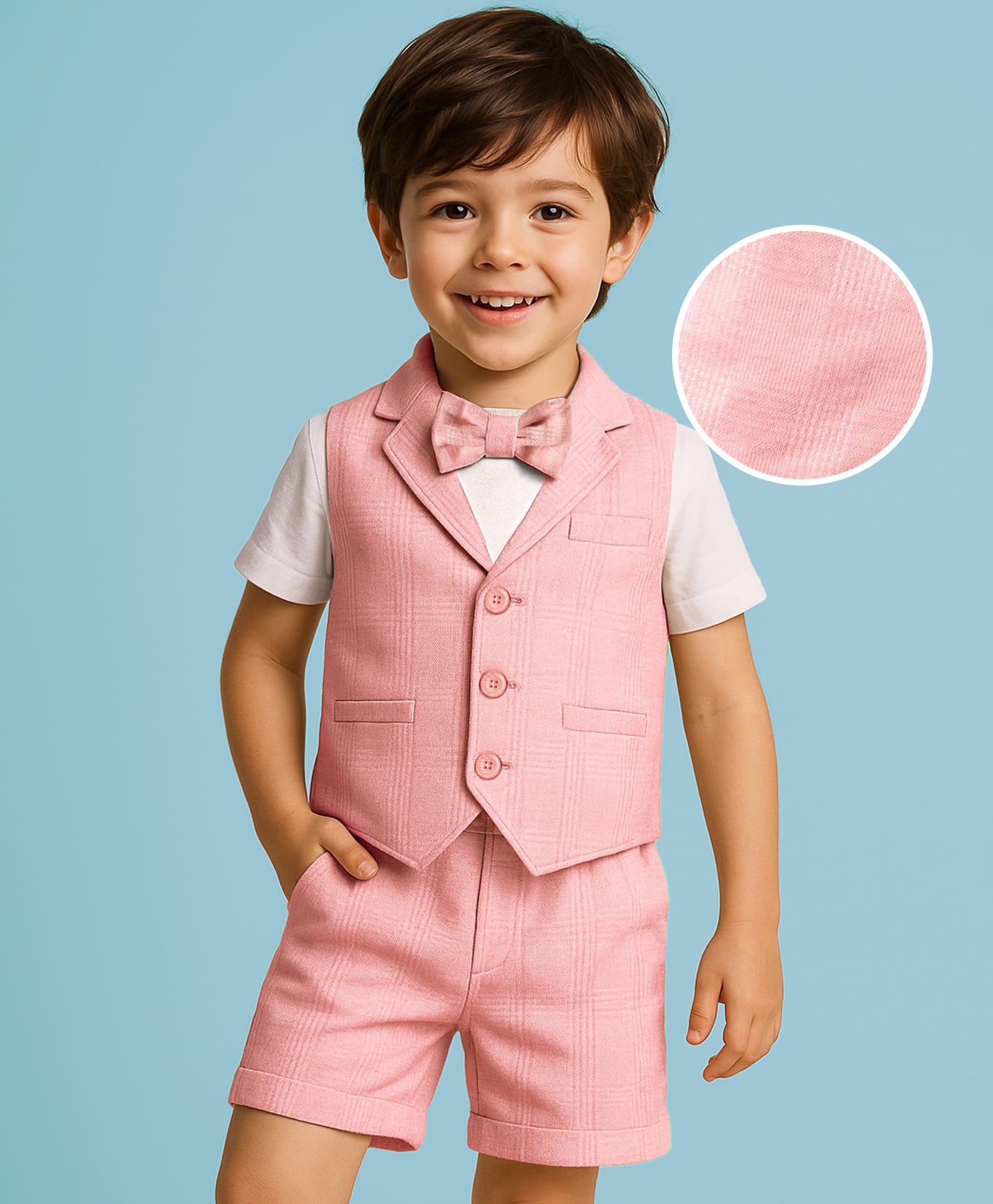 Mark & Mia Cotton Woven Half Sleeves Solid T-Shirt & Shorts With Bow Applique & Waistcoat - Pink-picture-16