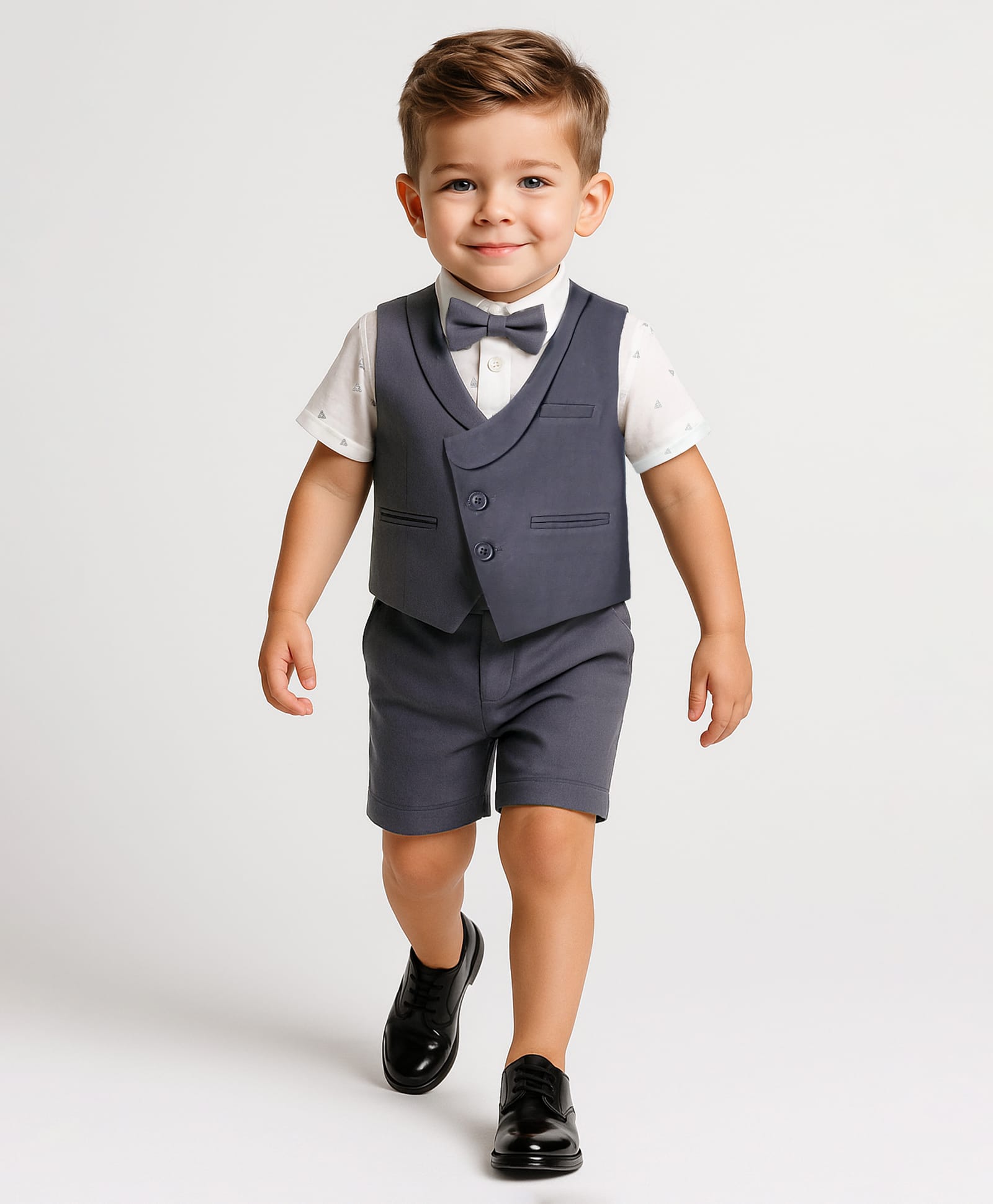 Mark & Mia Cotton Woven Half Sleeves Solid 3 Piece Party Suit With Bow - Grey & White-picture-19