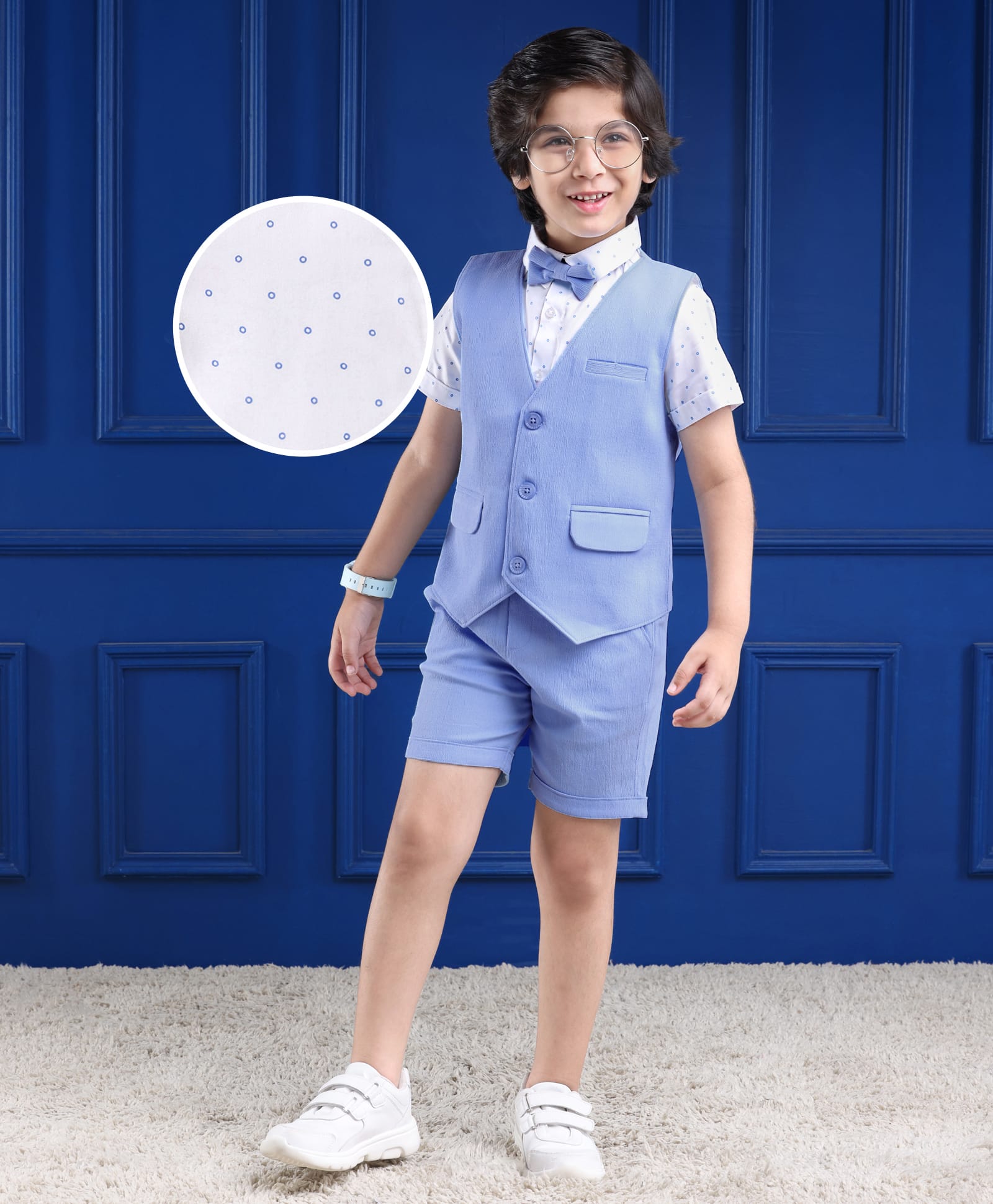Mark & Mia Cotton Woven Half Sleeves Printed 3 Piece Party Suit With Bow - Light Blue-image-22