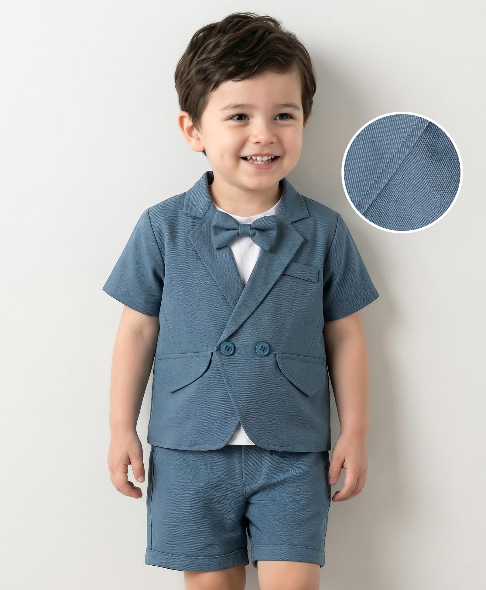 Mark & Mia Cotton Woven Half Sleeves Blazer T-Shirt with Attached Bow & Shorts - White & Blue-image-36
