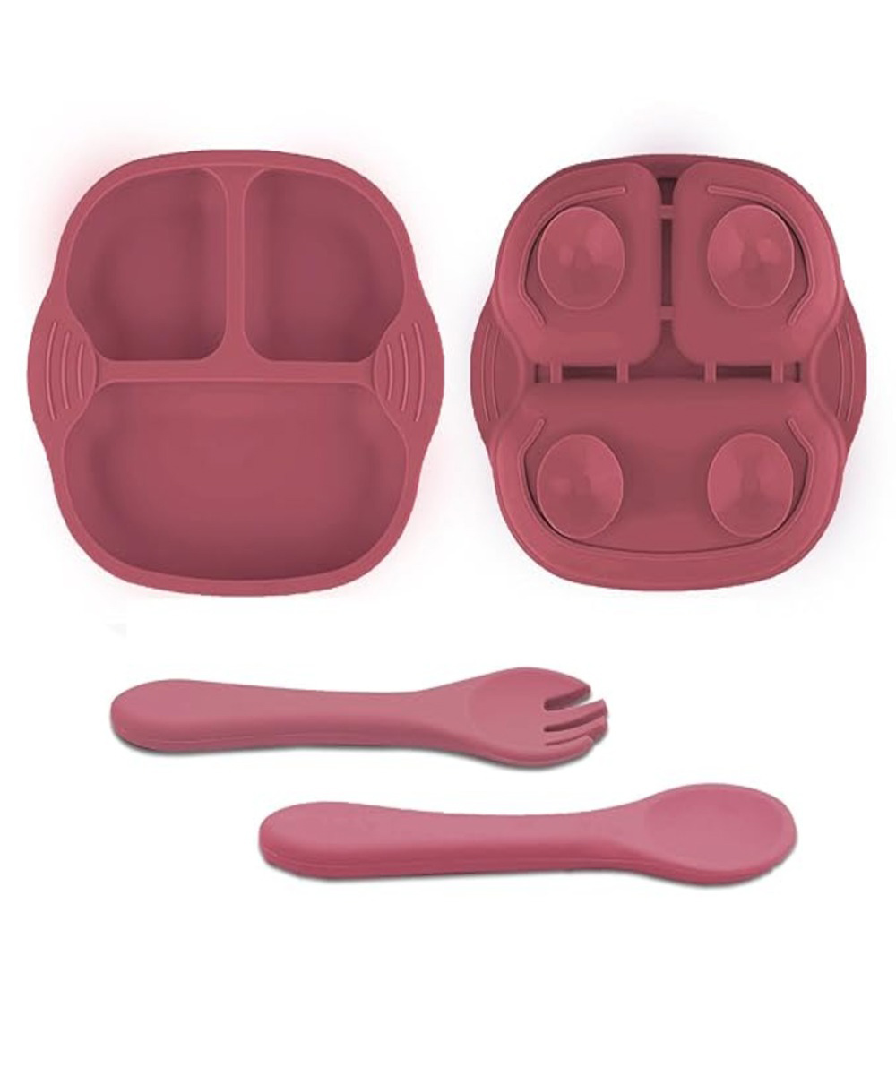 Tony Stark Newborn Essentials Baby Feeding Set, Suction Plate Set for Toddlers, Babies, Kids Plates for Food with Spoon Fork, Silicone Set (Wine RED)-picture-18