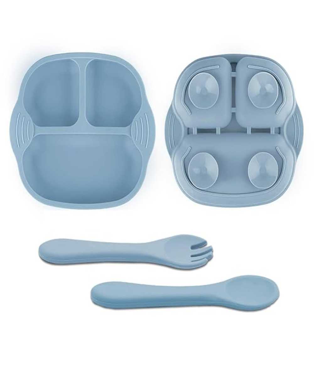 Tony Stark Newborn Essentials Baby Feeding Set, Suction Plate Set for Toddlers, Babies, Kids Plates for Food with Spoon Fork, Silicone Set (Blue)-image-38