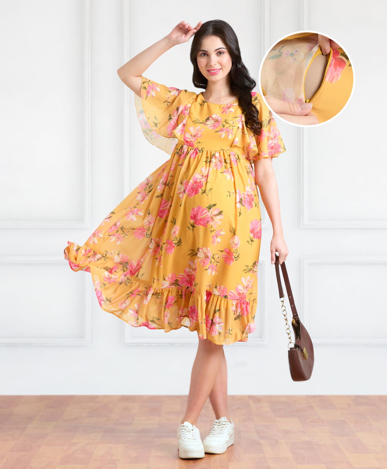 Bella Mama Woven Flutter Sleeves Maternity Dress with Floral Print - Yellow