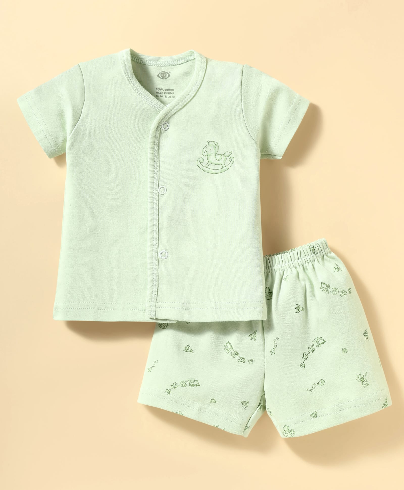 Zero Interlock Knit Half Sleeves Shorts Night Suit With Animal Print - Light Green-picture-1