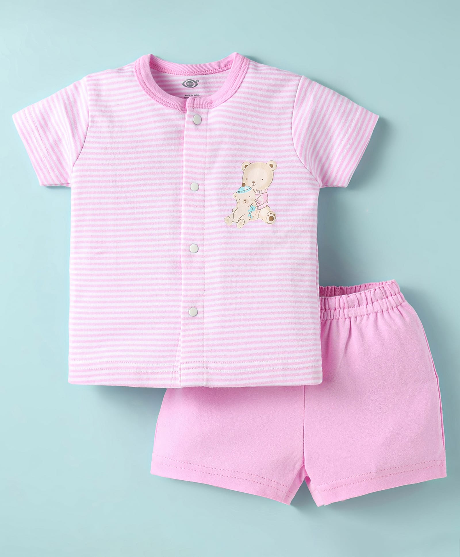 Zero Interlock Knit Half Sleeves Shorts Night Suit With Stripes & Teddy Bear Print - Pink-image-45
