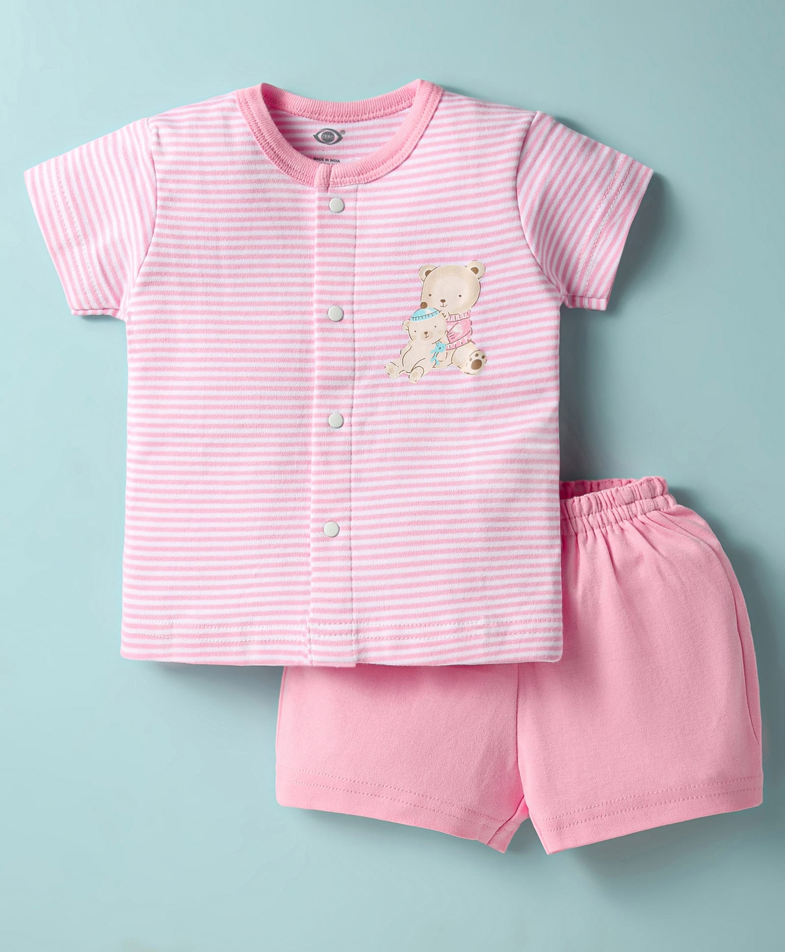 Zero Interlock Knit Half Sleeves Shorts Night Suit With Stripes & Teddy Bear Print - Peach-picture-46