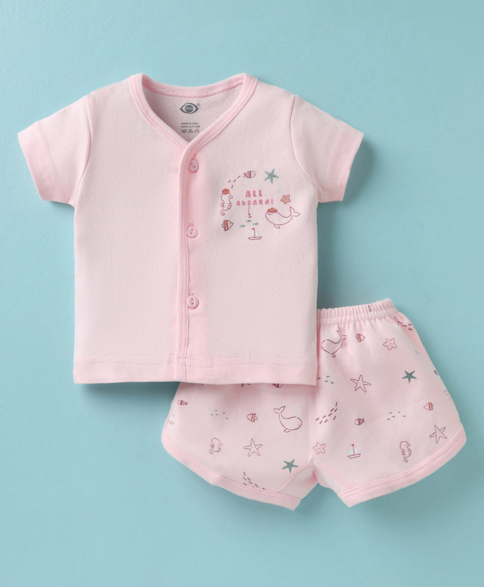Zero Interlock Knit Half Sleeves Shorts Night Suit With Sea Animals Print - Light Pink-image-32