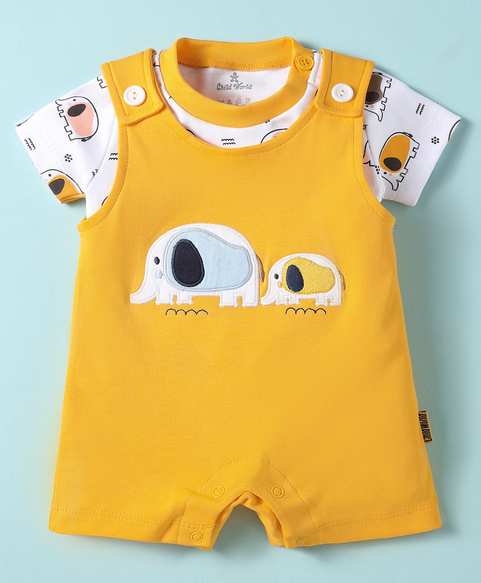 Child World Interlock Knit Half Sleeves Elephant Embroidered & Printed Dungaree Style Romper with Half Sleeves Inner T-Shirt - Yellow-picture-23