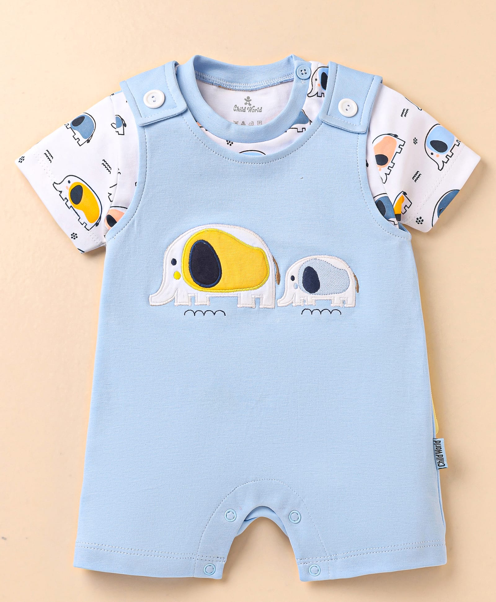 Child World Interlock Knit Half Sleeves Elephant Embroidered & Printed Dungaree with Half Sleeves Inner Tee - Sky Blue-picture-32
