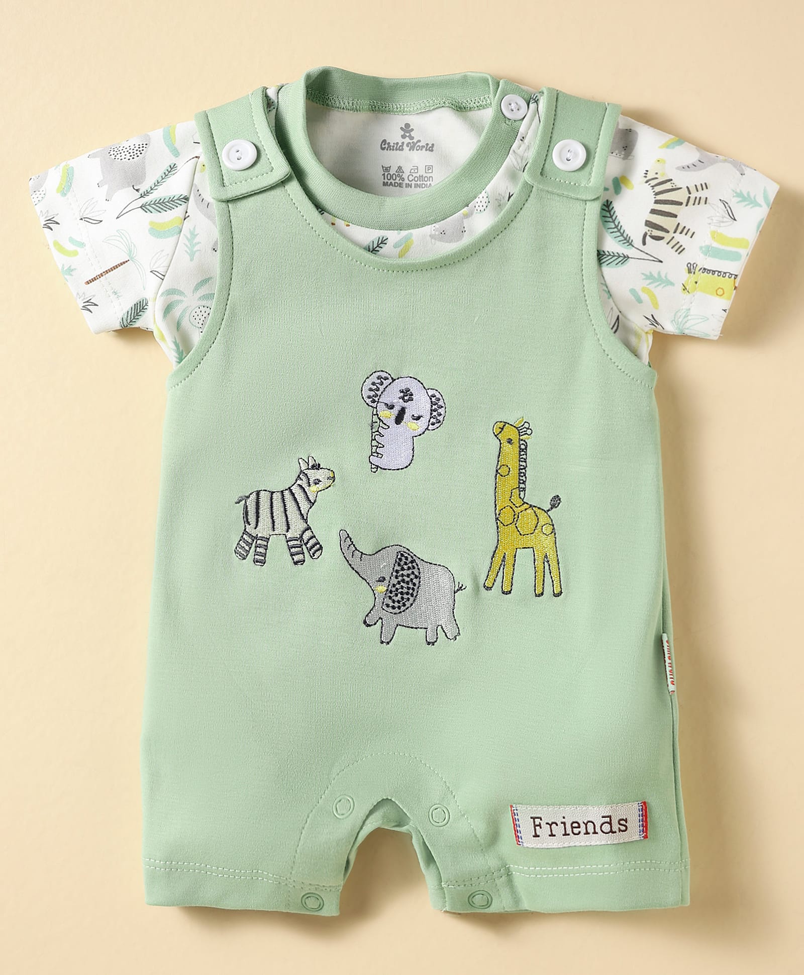 Child World Interlock Knit Half Sleeves Animal Embroidered & Printed Dungaree Style Romper with Half Sleeves Inner T-Shirt - Yellow-picture-34