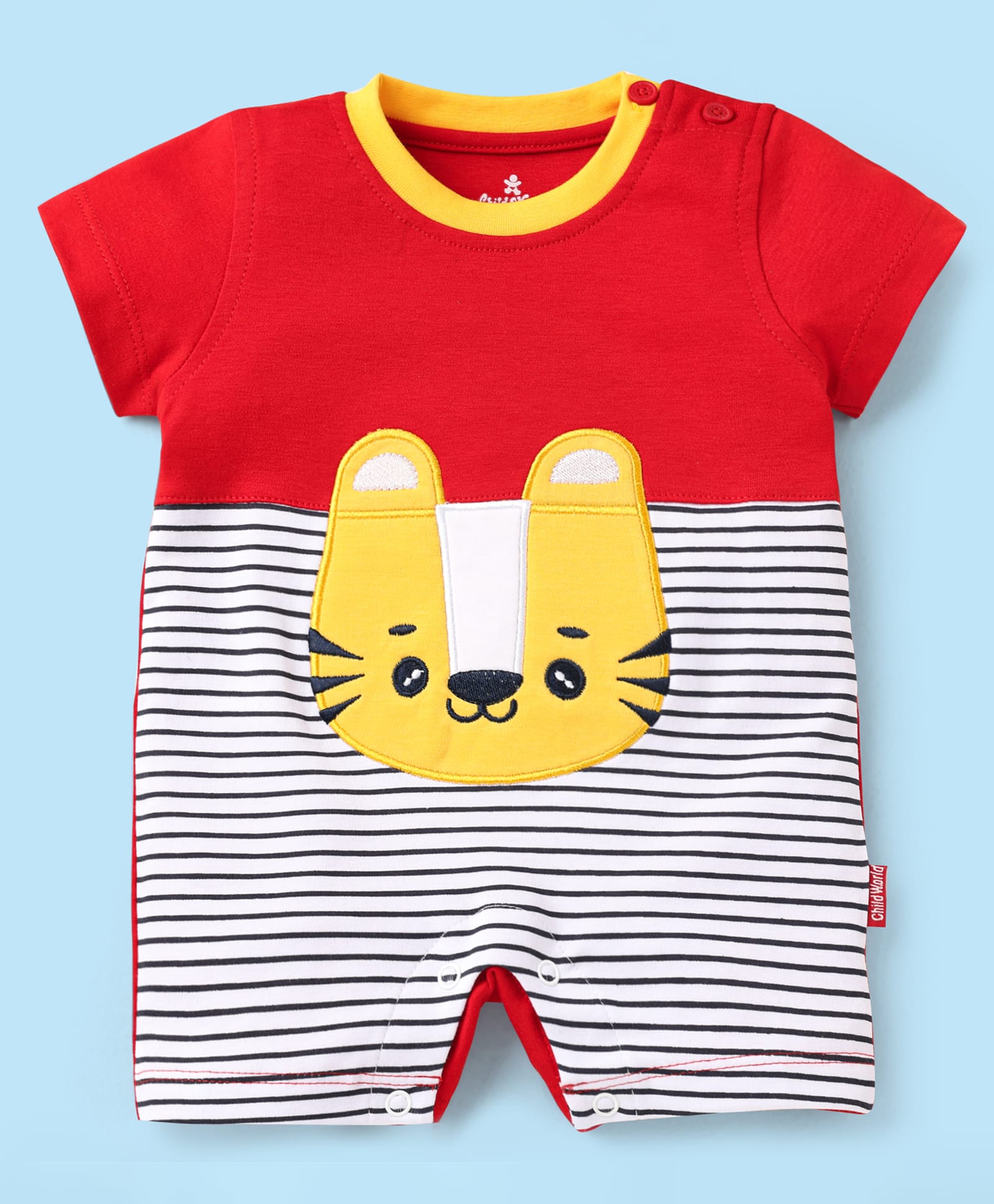 Child World Interlock Knit Half Sleeves Romper with Stripes & Animal Print - Red-image-40