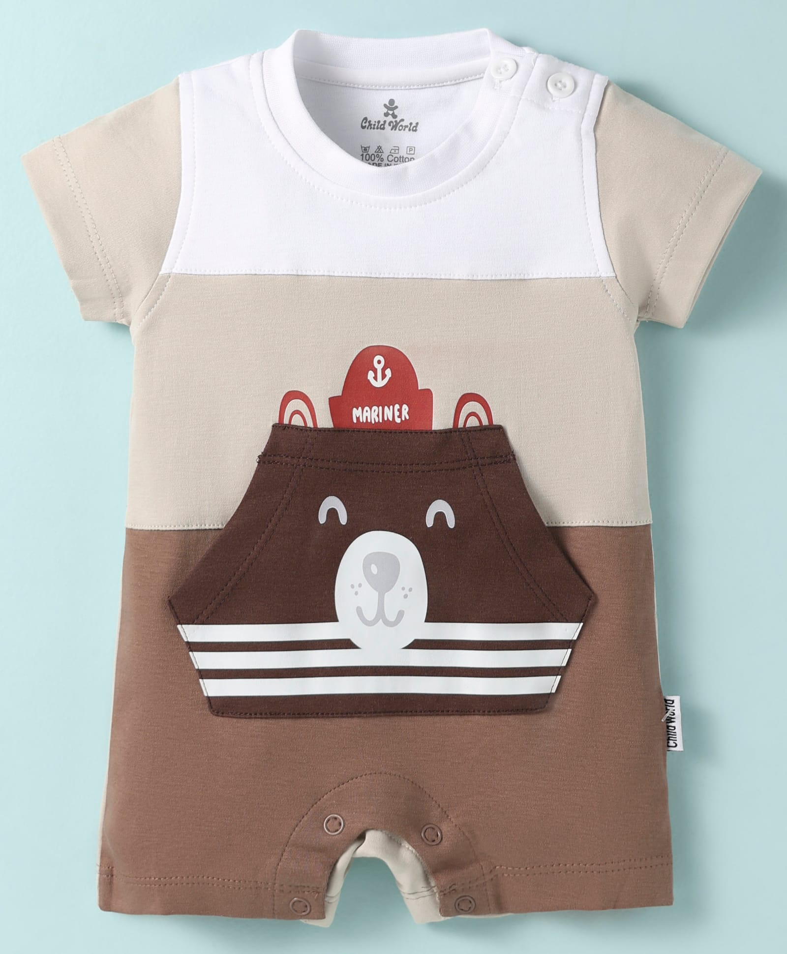 Child World Interlock Knit Half Sleeves Romper With Animal Print & Kangaroo Pocket - Brown-image-21