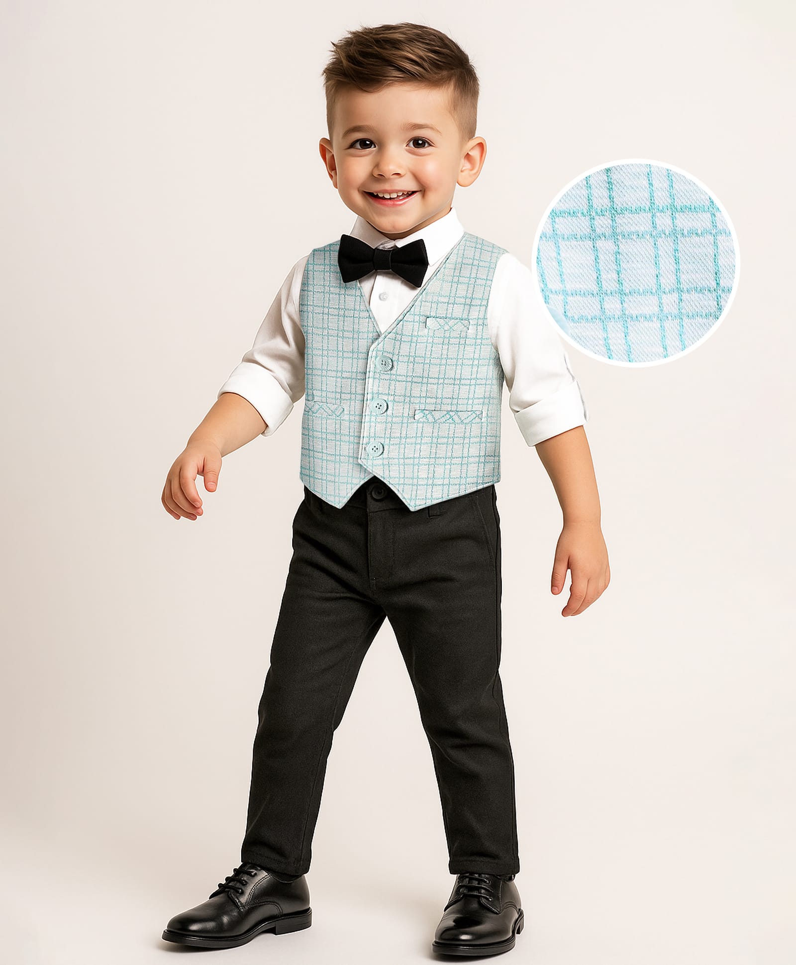 Mark & Mia Cotton Woven Full Sleeves Checks 3 Piece Party Suit With Bow - Sea Green-picture-22